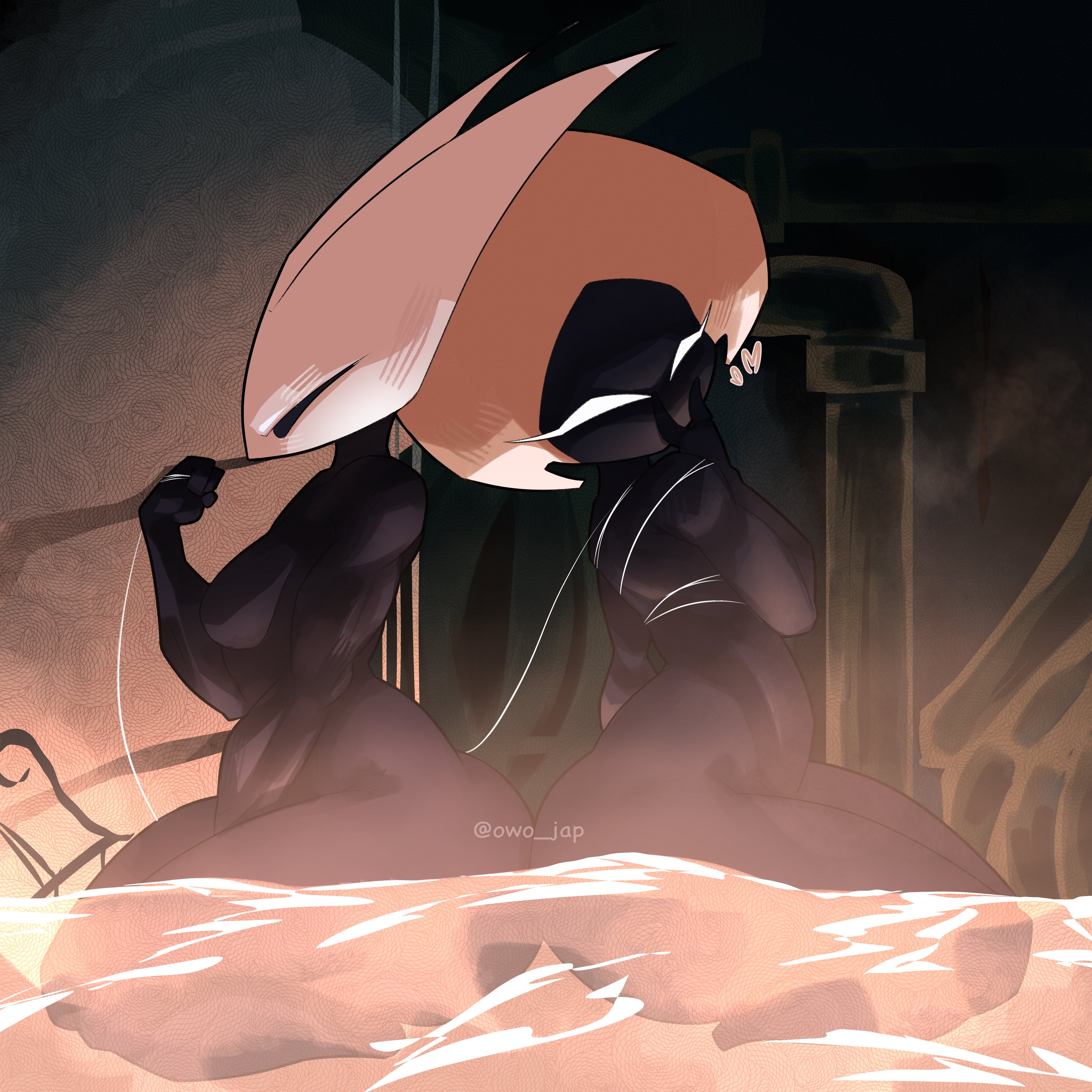2girls, black body, female only, hollow knight, hollow knight: silksong, hornet (hollow knight), jap arts, lace (hollow knight), muscular female, nonhuman, pipe, steam, tagme