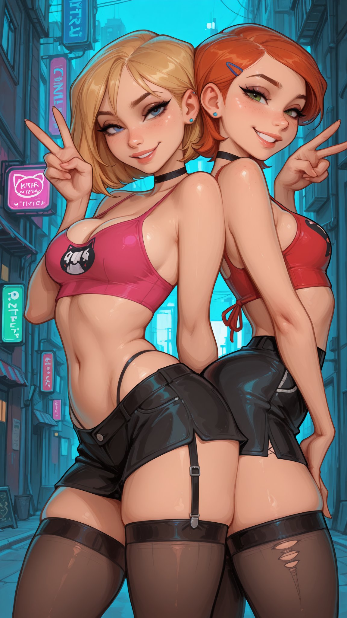 2girls, ai generated, ben 10, blonde hair, choker, city, crop top, eraofmeat, gwen stacy, gwen tennyson, looking at viewer, marvel, meat master, neon, night, orange hair, peace sign, shorts, spider-gwen, stockings, teenage girl, teenage prostitute