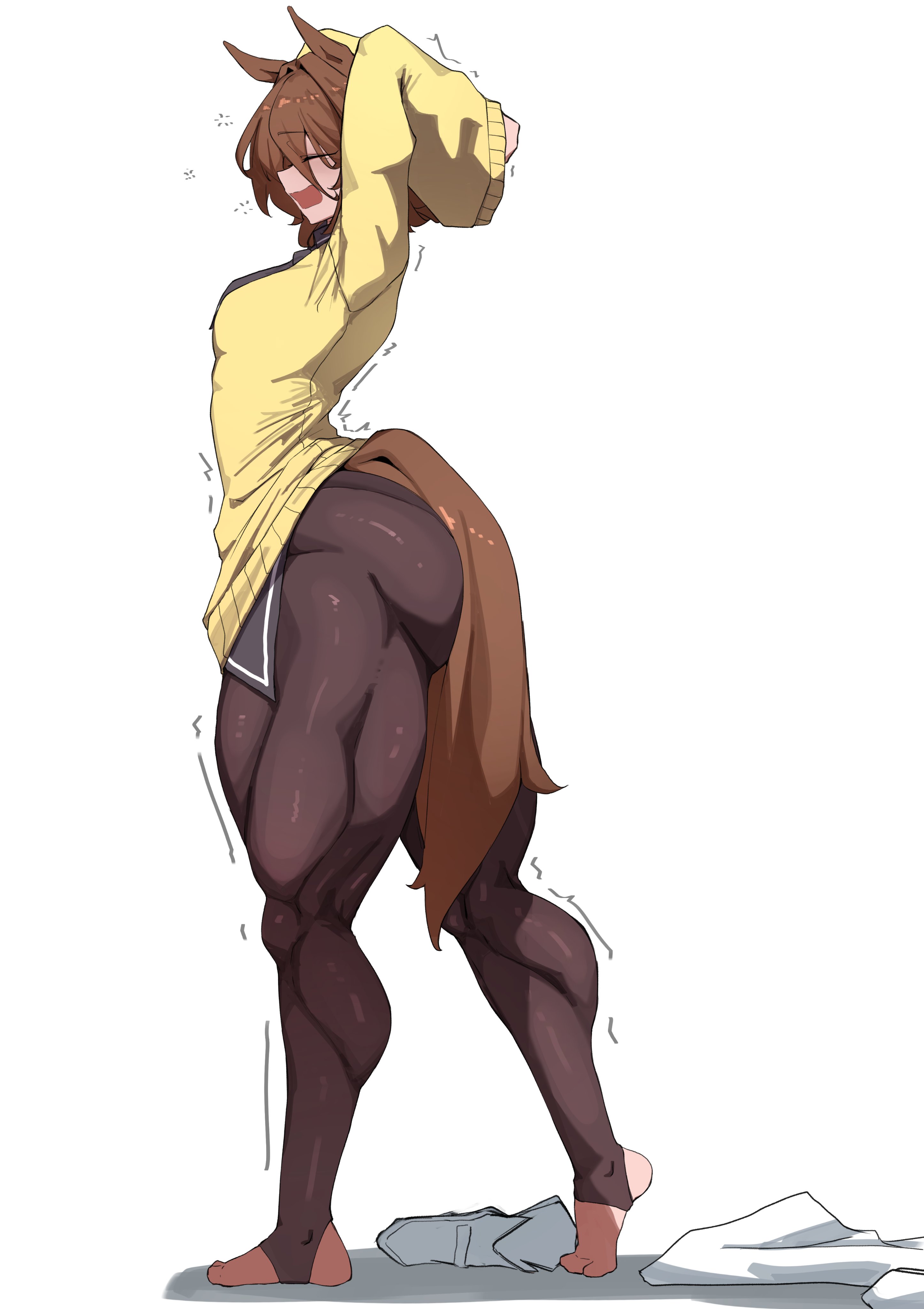 1girls, agnes tachyon (umamusume), animal ears, arms above head, arms up, ass, athletic, athletic female, barefoot, big ass, big muscles, bottom heavy, breasts, brown hair, clothed, clothed female, coat removed, cygames, discarded clothing, eyes closed, feet, female, female focus, hands behind head, horse ears, horse girl, horse tail, huge muscles, k dhen, kemonomimi, large ass, long sleeves, motion lines, muscular ass, muscular female, muscular legs, narrow waist, on tiptoe, pantyhose, powerful legs, profile view, shoes removed, short hair, side view, simple background, solo, solo focus, standing, stirrup legwear, stirrup pantyhose, stretching, sweater, thick thighs, tie, toned ass, toned legs, umamusume, umamusume pretty derby, walking, white background, wide hips