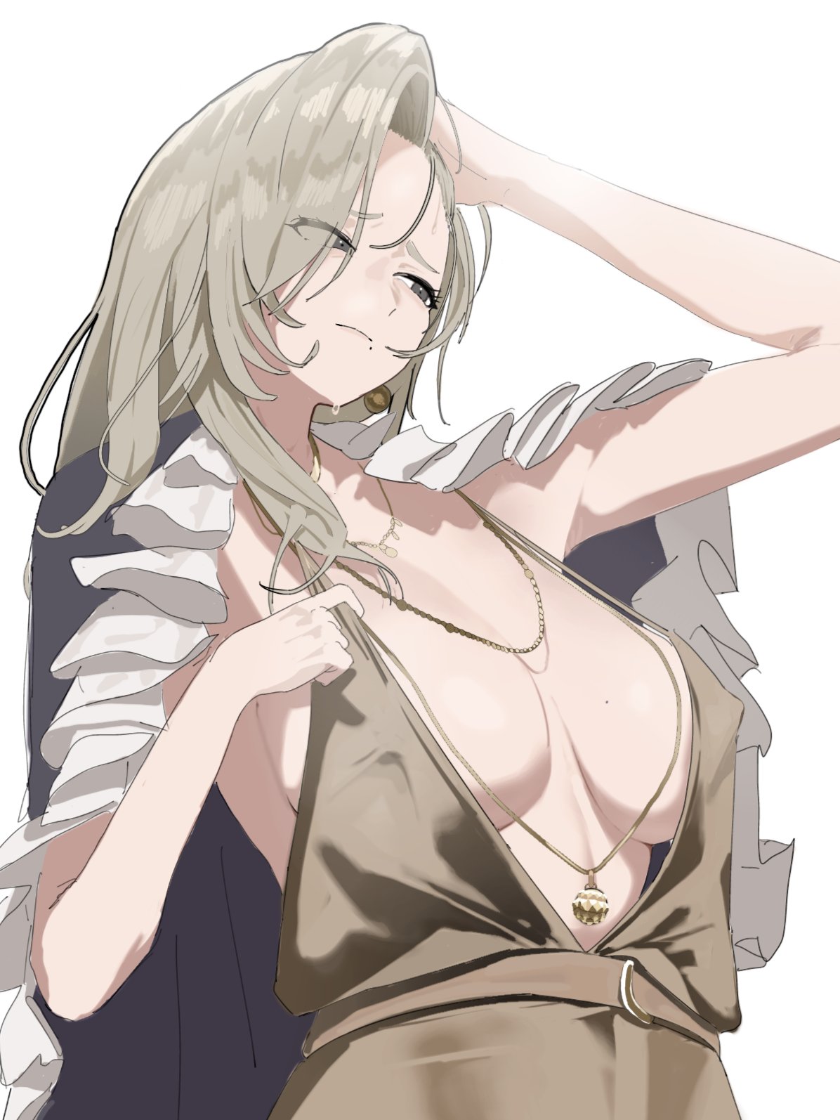 1girl, 1girls, breasts, brown dress, center opening, dress, earrings, female, goddess of victory: nikke, highres, kasawoooo, large breasts, long hair, mole, mole under mouth, mrs. miss (nikke), simple background, solo, solo female, sweat, white background, wrinkles