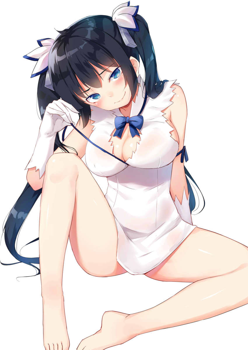 1girls absurdres alexmaster black_hair blue_eyes blush breasts cleavage dress dungeon_ni_deai_wo_motomeru_no_wa_machigatteiru_darou_ka female gloves hestia_(danmachi) light-skinned_female light_skin long_hair long_twintails looking_at_viewer rei_no_himo ribbon smile solo tied_hair twintails