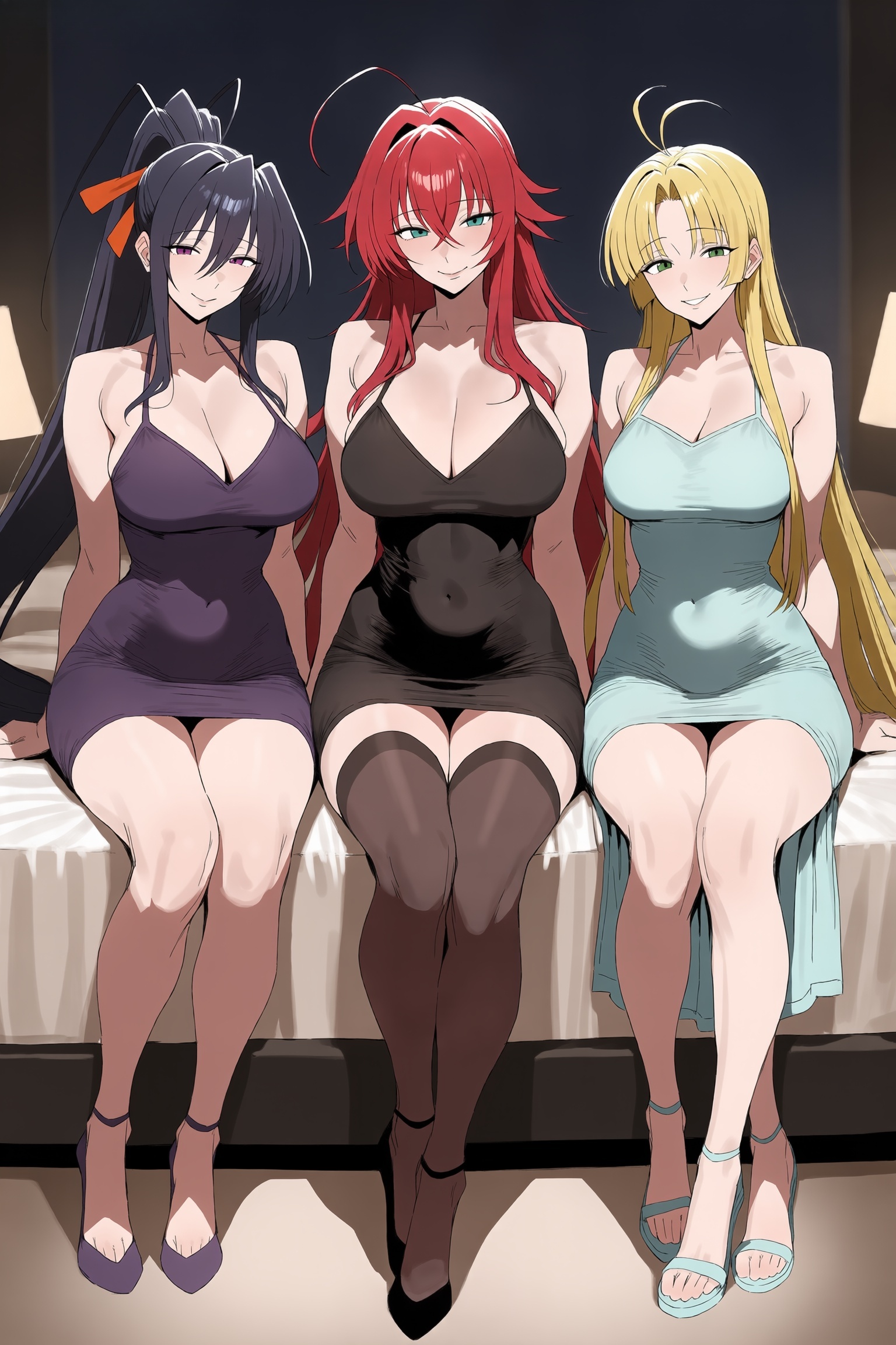3girls, ahoge, ai generated, akeno himejima, antenna hair, asia argento, bare shoulders, black hair, black legwear, blonde hair, blush, breasts, cleavage, covered navel, dress, green eyes, hi res, high quality, high resolution, high school dxd, large breasts, long hair, looking at viewer, multiple girls, patreon, pencil skirt, ponytail, red eyes, red hair, rias gremory, sandals, seductive, sexy, sitting, skirt, sleeveless, smile, thighhighs, uncensored, very long hair