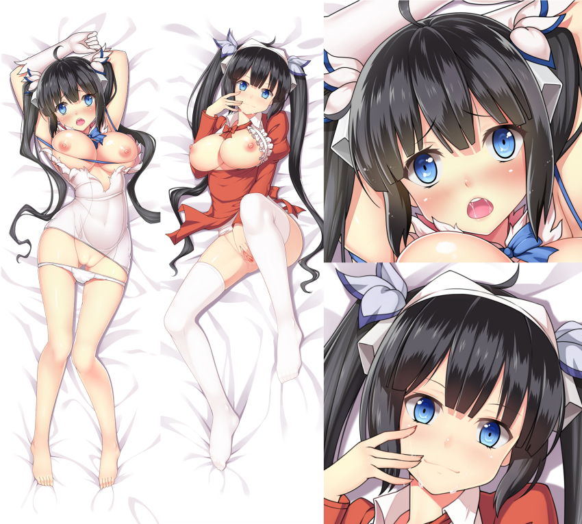 barefoot, black hair, blue eyes, blush, breasts, dakimakura, dungeon ni deai wo motomeru no wa machigatteiru darou ka, female, gloves, guohua, hestia (danmachi), long hair, looking at viewer, lying, multiple views, navel, on back, open mouth, pussy, rei no himo, solo, spread pussy, tied hair, twintails, uncensored, white gloves