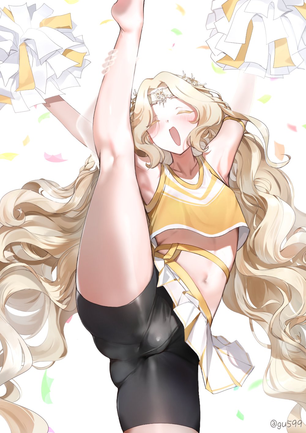 1boy, bare legs, barefoot, bike shorts, blonde hair, bulge, charles (gu599), cheering, cheerleader, commentary, confetti, crop top, crossdressing, crossdressing (mtf), elden ring, elden ring: shadow of the erdtree, extra arms, femboy, femboy only, fromsoftware, gu599, highres, holding, holding pom poms, leg up, long hair, microskirt, midriff, miquella, miquella (elden ring), miquella the kind, open mouth, pleated skirt, pom pom (cheerleading), pom poms, shadow of the erdtree, skirt, smile, solo, split, standing, standing on one leg, standing split, thighs, trap, untranslatable commentary, very long hair, wavy hair