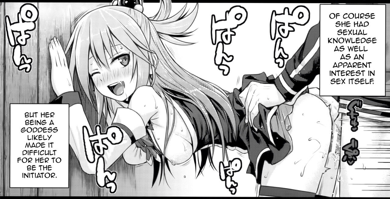 1boy, 1girls, aqua (konosuba), bar censor, blush, breasts, censored, erection, female, human, kono subarashii sekai ni shukufuku wo!, long hair, male, monochrome, open mouth, penis, pussy, satou kazuma, sex, shimanto shisakugata, simple background, small breasts, straight, taken from behind, vaginal penetration, white background