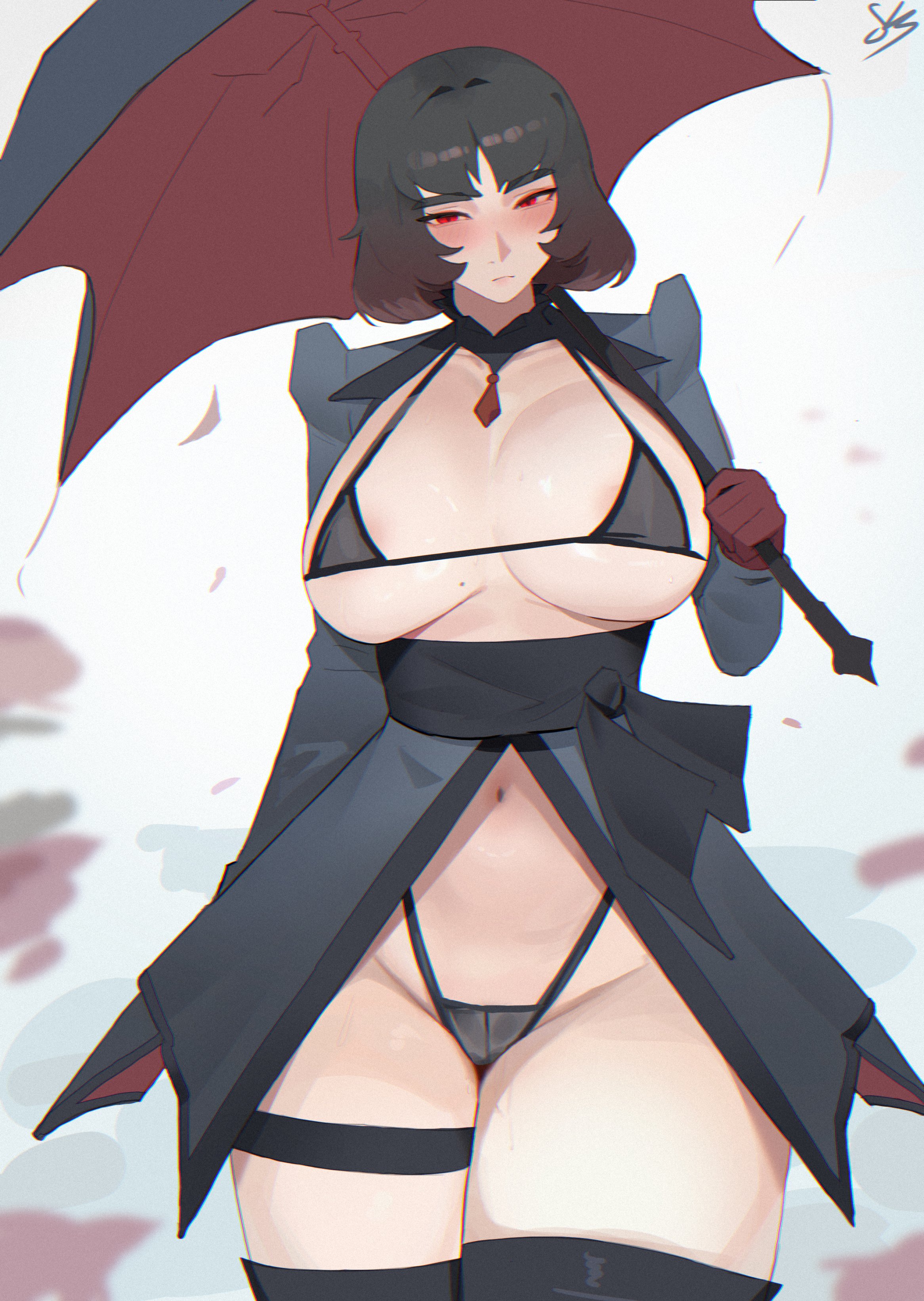 1girls, 2d, 2d (artwork), artist request, big breasts, black hair, blush, blushing, blushing at viewer, blushing female, breasts, deadlock, deadlock (game), female, hourglass figure, looking at viewer, mina ha, navel, parasol, red eyes, skimpy, skimpy clothes, solo, tagme, thick thighs, umbrella, valve, vampire, vampire girl, video game character, wide hips