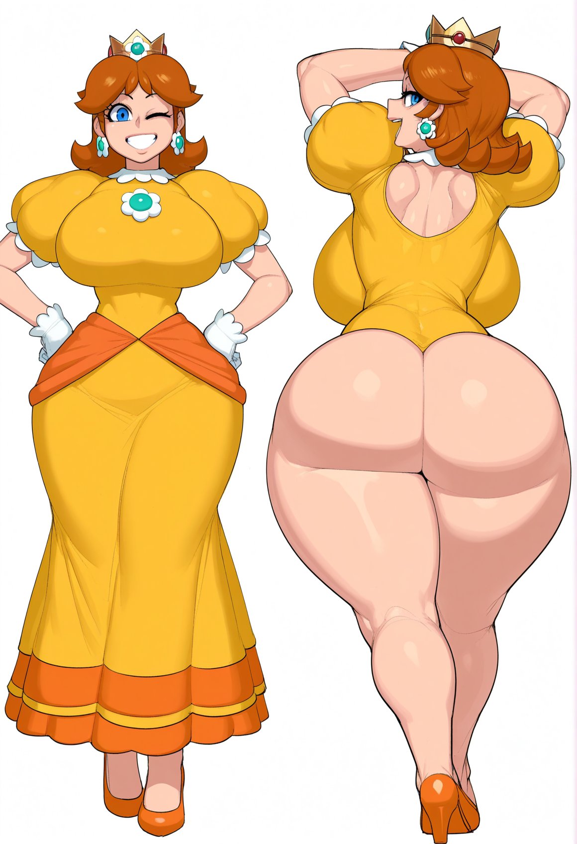 ai generated, backboob, female, female only, huge ass, huge breasts, long legs, mario (series), nintendo, princess daisy, thick thighs, wide hips, yukinyami