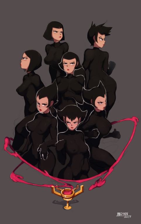 2010s 2019 2d 2d_(artwork) 7girls adult_swim aki_(samurai_jack) ali_(samurai_jack) ami_(samurai_jack) ani_(samurai_jack) ari_(samurai_jack) ashi_(samurai_jack) ass avi_(samurai_jack) black_bodysuit black_hair bob_cut bodysuit breasts covered_nipples daughters_of_aku highres lipstick looking_at_viewer maiz-ken makeup medium_breasts multiple_girls no_mask red_lips samurai_jack septuplets short_hair siblings sisters spiked_hair toonami