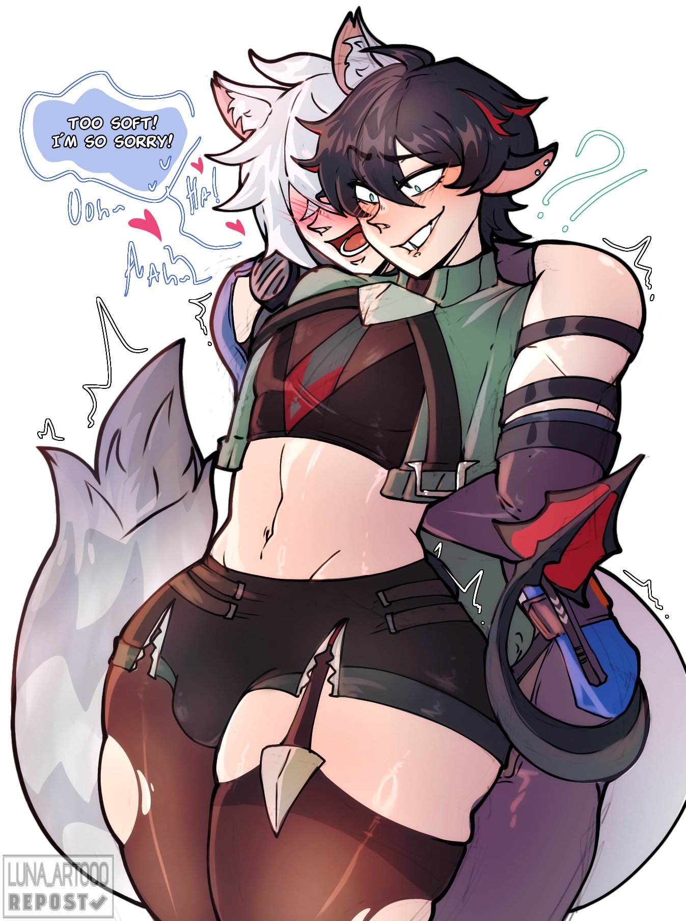 animal ears, animal tail, blush, bulge, clothed, clothing, femboy, feminine male, from behind, fully clothed, gay, genderswap, genderswap (ftm), happy, happy male, jane doe (zenless zone zero), john doe (zenless zone zero) (scopeophilia), luna art000, male, male focus, male only, open mouth, rule 63, seth lowell, shorts, standing, tail, thick, thick thighs, thighhighs, thighs, tight clothes, tight clothing, yaoi, zenless zone zero