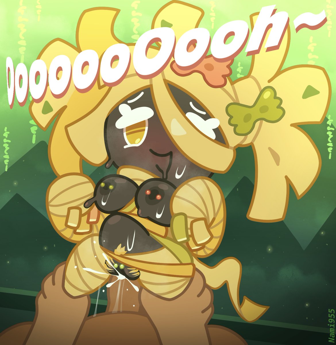 1boy, 1girls, aged up, almost naked, anonymous male, artist name, blush, breasts, breasts out, cookie run, cookie run kingdom, cowgirl position, cum, cum in pussy, dark-skinned female, detailed background, dialogue, exposed breasts, fettuccine cookie, grabbing legs, hair over one eye, heavy breathing, male/female, moaning, moaning in pleasure, mummy, mummy wrappings, nami955, sex, straight, sweat, sweating, vaginal penetration, visible breath