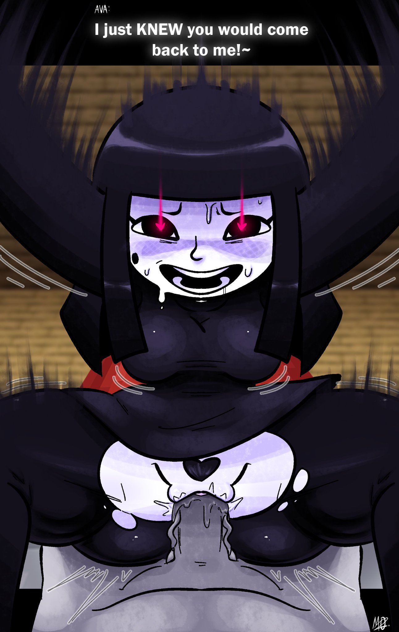 alternate version at source, ava, black hair, cowgirl position, mcyt, meryo 2, mii, mii maker, minecraft, minecraft youtubers, nintendo, pale-skinned female, ripped clothing, ripped pants, sweaty face, twitter, twitter link, twitter username, vaginal, vaginal penetration, vaginal sex, yandere, youtube