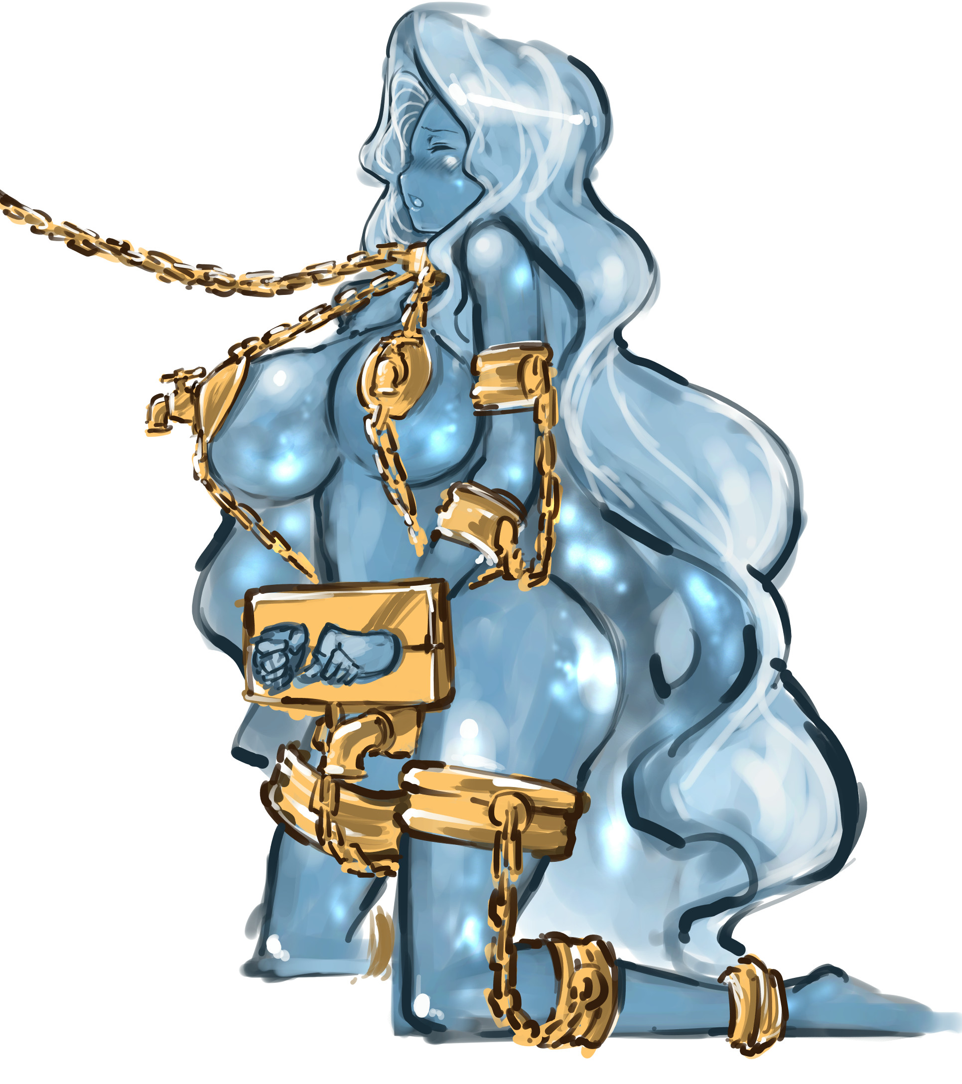 ass, bondage, breasts, chains, collar, female, femsub, huge ass, huge breasts, leash, nameo (judgemasterkou), shackles, slave, slime, slime girl, submission, voluptuous