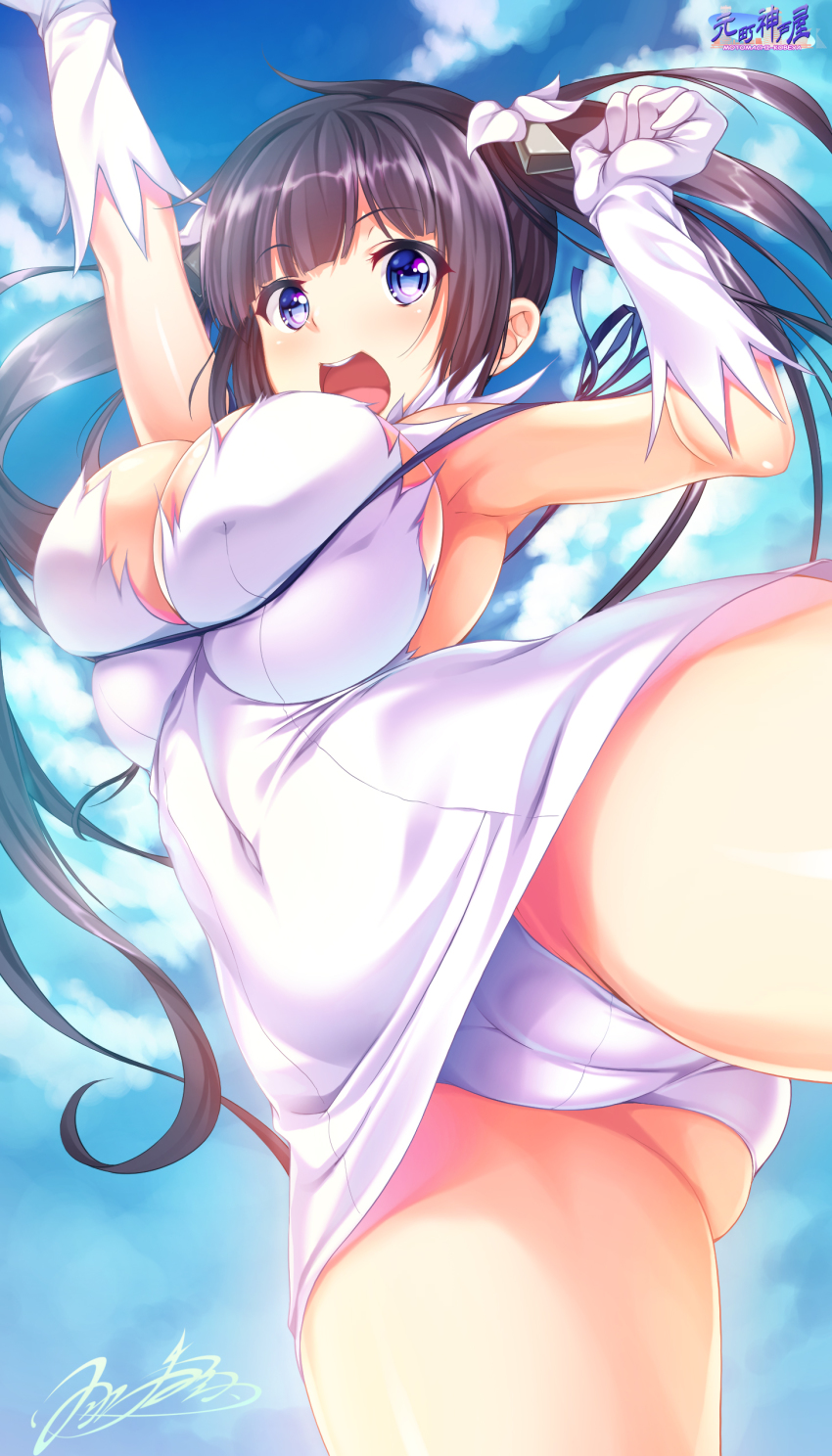 absurdres, black hair, blue eyes, breasts, cameltoe, cleavage, dungeon ni deai wo motomeru no wa machigatteiru darou ka, female, from below, gloves, hestia (danmachi), hozumi kaoru, huge breasts, large breasts, long hair, looking at viewer, looking down, open mouth, panties, pussy, rei no himo, ribbon, skindentation, smile, solo, thighs, tied hair, twintails, underwear, white gloves