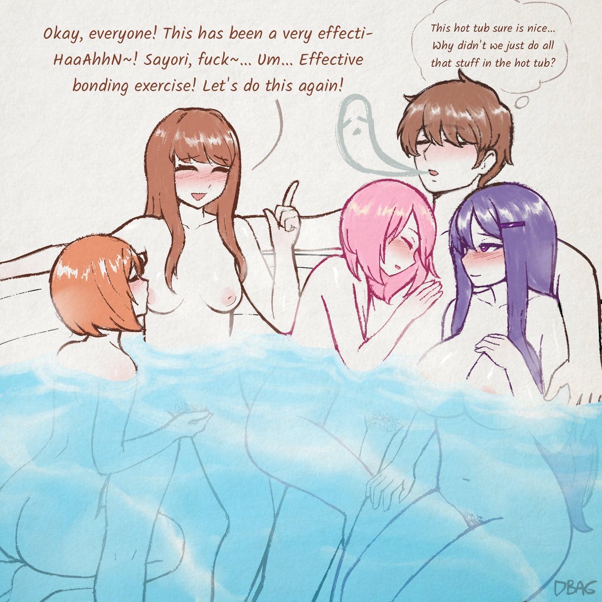 1boy, 2026, 2d, 4girls, 4girls1boy, after sex, areola, areolae, big breasts, breast size difference, breasts, brown hair, cock, dbagdraws, dialogue, digital drawing (artwork), digital media (artwork), doki doki literature club, english, english dialogue, english text, female, female/female, fingering, hot tub, human, human female, human male, male, male/female, mc (doki doki literature club!), monika (doki doki literature club), naked, naked female, naked male, natsuki (doki doki literature club), nipple, nipples, nude, nude female, nude male, peach hair, pink hair, pubic hair, purple hair, pussy, sayori (doki doki literature club), small breasts, sucking, sucking nipple, tagme, team salvato, water, wholesome, yuri (doki doki literature club)
