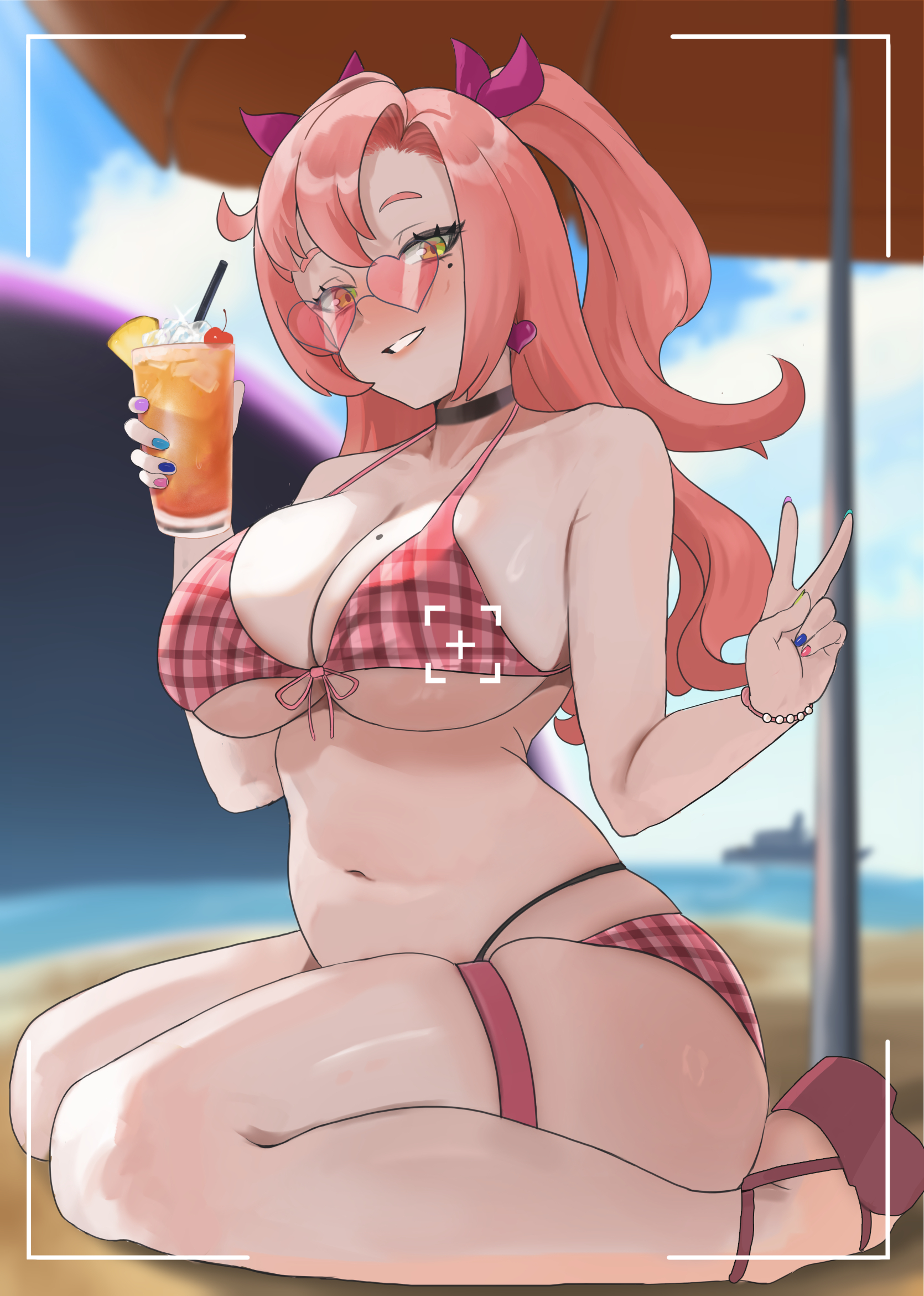 1girls, armwear, beach, big breasts, bikini, bikini bottom, bikini top, blush, bottomwear, bracelet, breasts, choker, cleavage, drink, eyewear, female, female only, footwear, green eyes, hair, hair ornament, hair ribbon, headwear, hips, holding drink, huge breasts, long hair, mole, mole on breast, mole under eye, multicolored nail polish, multicolored nails, neckwear, nicole demara, peace sign, pink bikini, pink hair, ribbon, solo, solo female, sorrow924, sunglasses, swimwear, thigh strap, thighs, tinted eyewear, topwear, zenless zone zero