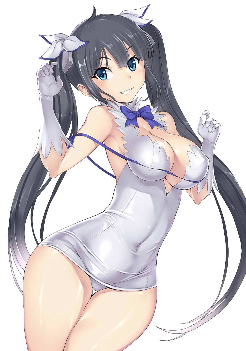 black hair, blue eyes, blue ribbon, blush, breasts, cleavage, cleavage cutout, dress, dungeon ni deai wo motomeru no wa machigatteiru darou ka, female, gloves, hair ornament, hair ribbon, hakaba (dairiseki), hestia (danmachi), jpeg artifacts, large breasts, long hair, long twintails, looking at viewer, panties, rei no himo, ribbon, simple background, smile, solo, thigh gap, tied hair, twintails, underwear, white background, white dress, white gloves, white panties