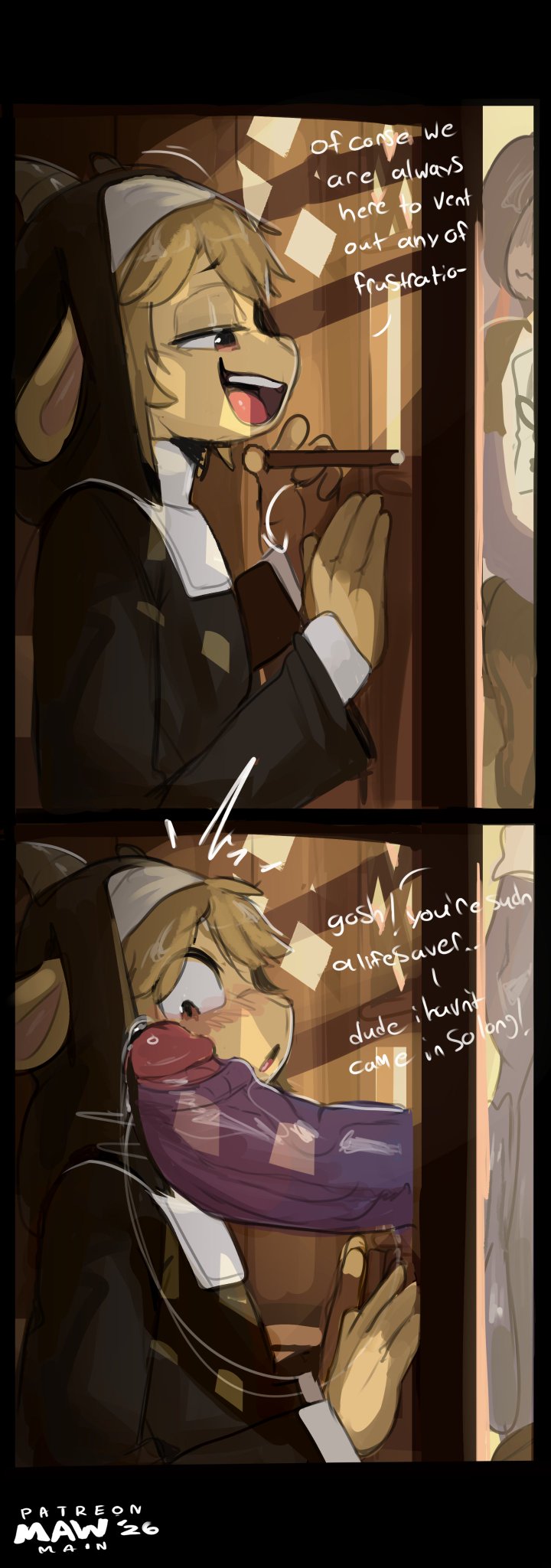 booth, confession booth, erection, furry, furry male, gay, gay male, glory hole, horn, horns, imminent oral, imminent sex, mawmain, nun, nun outfit, part of a set, precum, precum on penis, precum string, surprised, surprised expression, text, throbbing penis