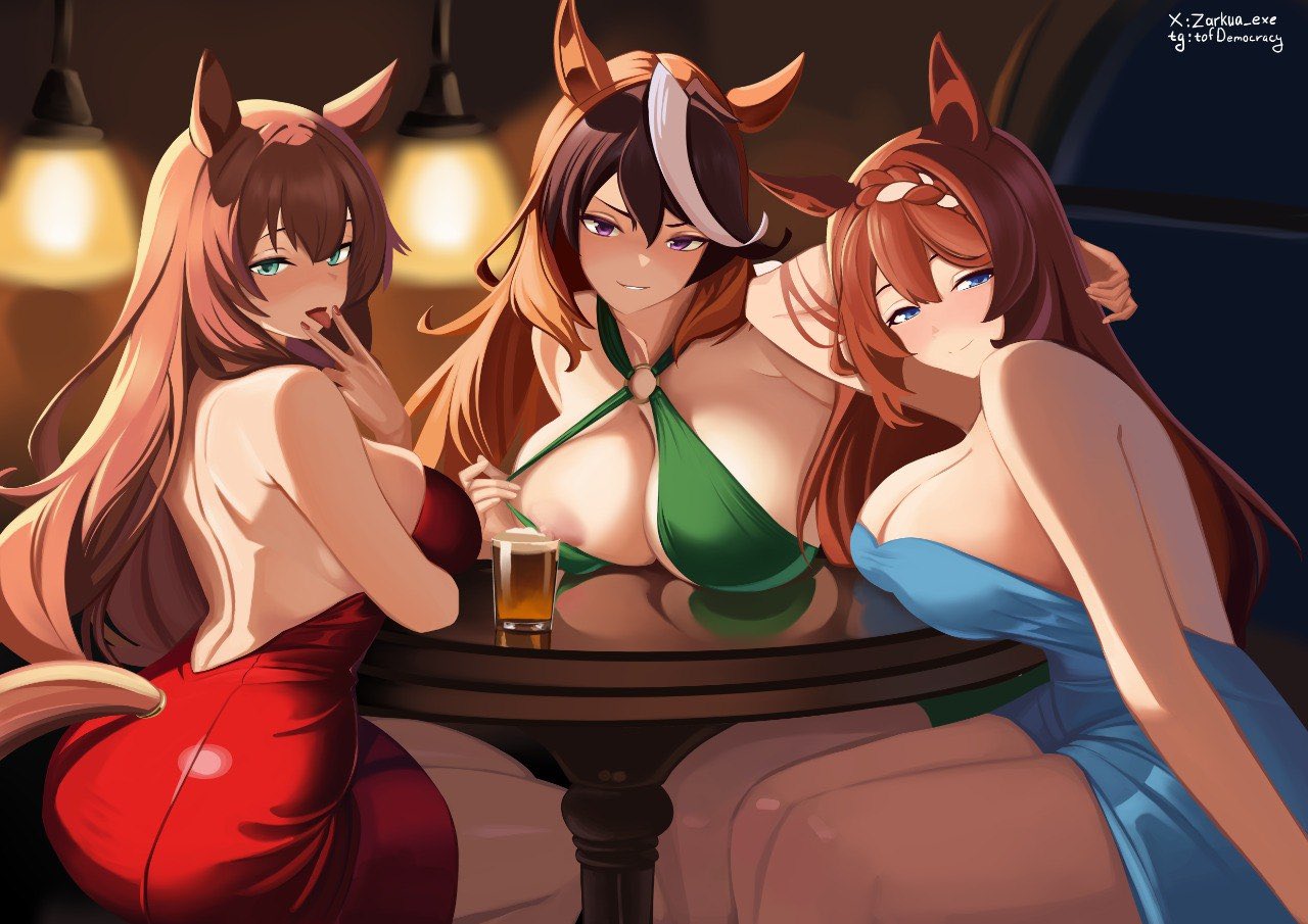 3girls, areolae, bedroom eyes, breasts, brown hair, cygames, dress, dress pull, exposed nipples, exposing nipple, exposing self, female, female only, large breasts, looking at viewer, maruzensky (umamusume), nipples, super creek (umamusume), symboli rudolf (umamusume), tagme, umamusume, umamusume pretty derby, zarkua exe