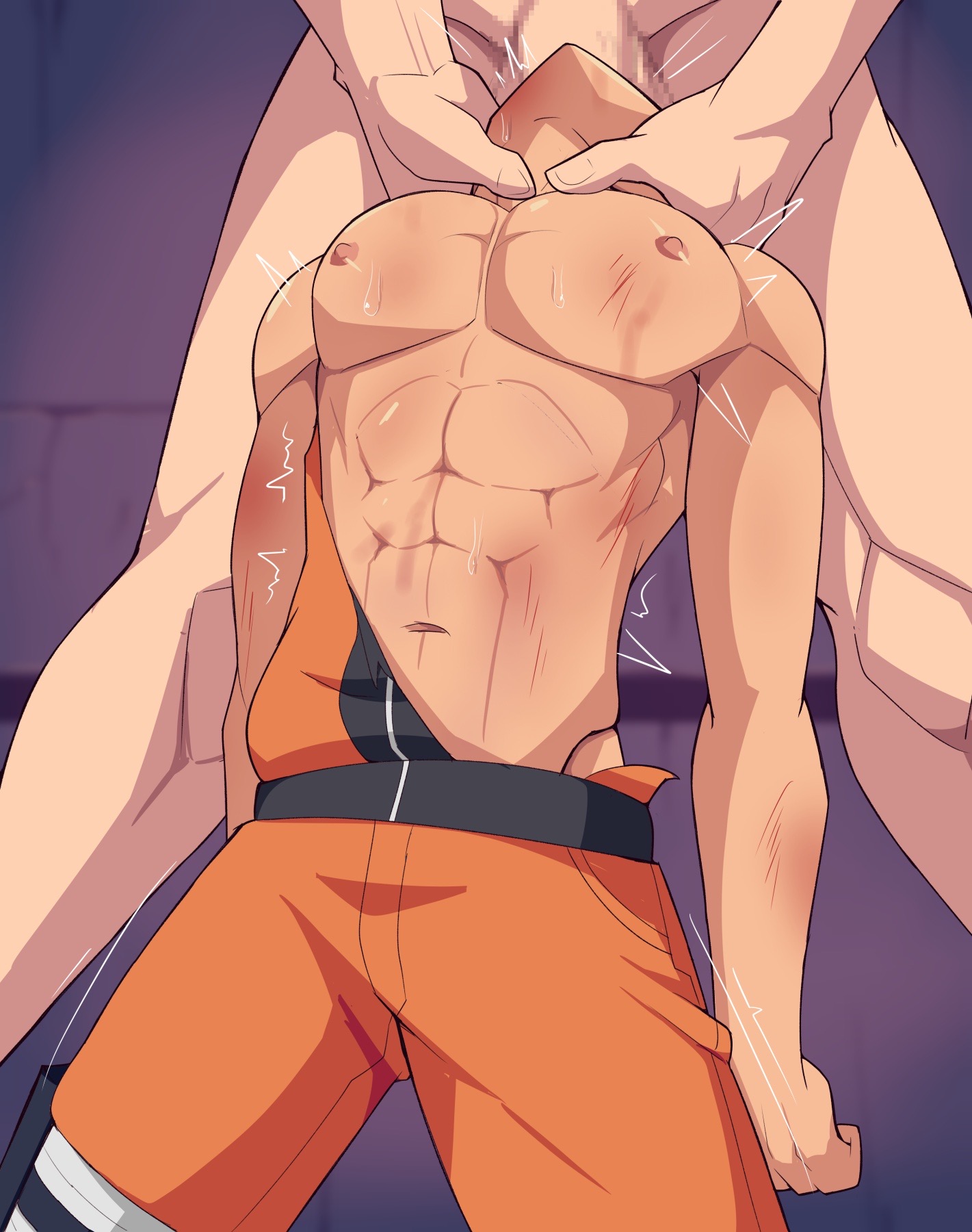 2d, 2d (artwork), 2d artwork, abs, bigger dom, bigger dom smaller sub, bigger male, blowjob, blowjob only, choking, color, colored, deep cleavage, deep penetration, deep throat, deepthroat, defeated, defeated hero, gay, hard nipples, injured, kneeling, kneeling blowjob, kneeling on floor, kneeling on ground, kneeling oral position, male, male focus, male only, male/male, motion lines, movement lines, mrpenguin, muscles, muscular, muscular male, naruto, naruto (series), oral, oral insertion, oral penetration, oral rape, oral sex, pink nipples, rape, raped, shaking lines, smaller male, smaller penetrated, sweat, sweatdrop, sweating, sweaty, sweaty body, uzumaki naruto, yaoi