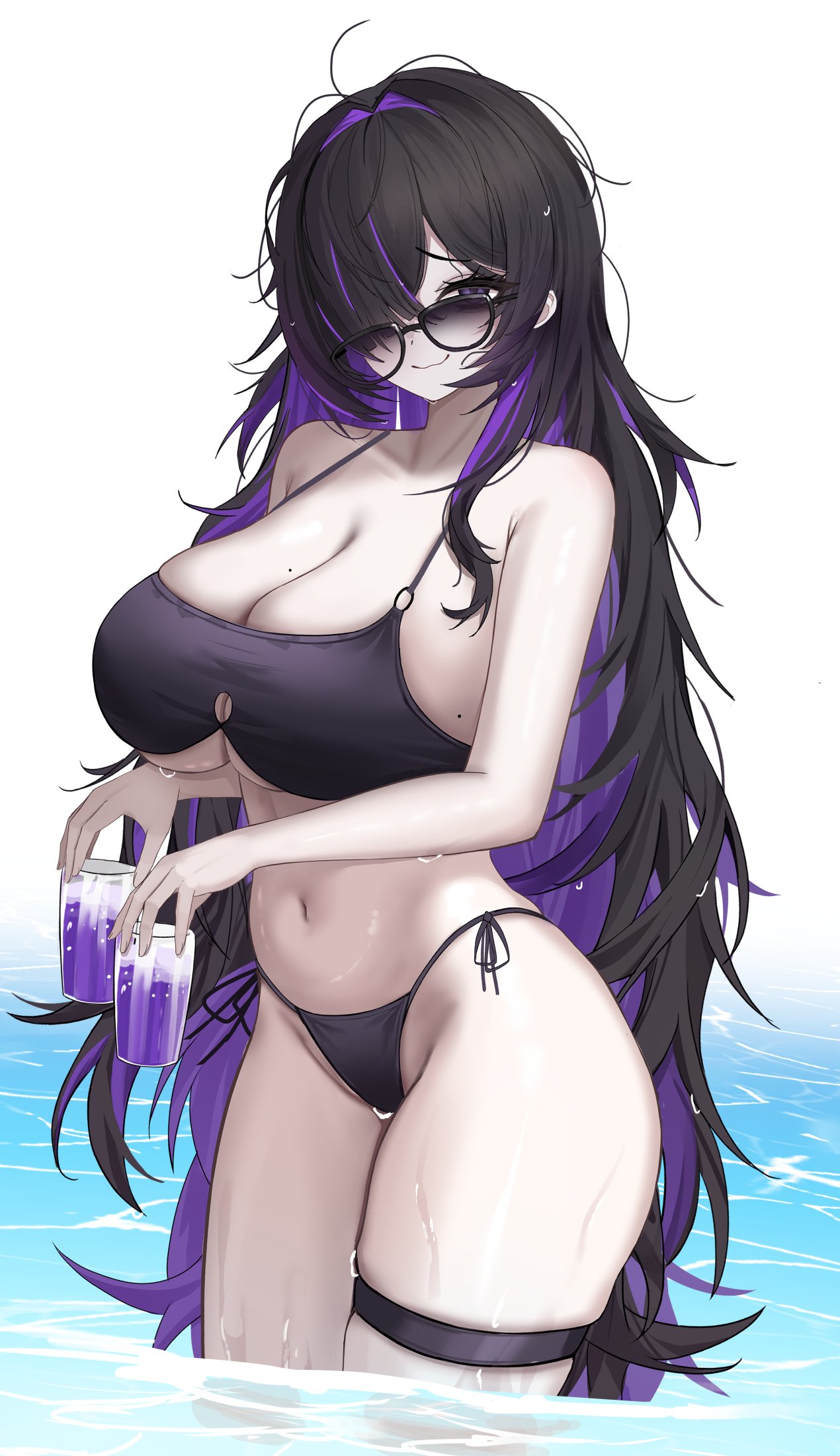 1girl, alternate costume, bikini, black bikini, black hair, breasts, cleavage, closed mouth, colored inner hair, commentary, cup, doham, drinking glass, glasses, goddess of victory: nikke, hair over one eye, highres, holding, holding cup, huge breasts, label (nikke), long hair, looking at viewer, mole, mole on breast, multicolored hair, navel, one eye covered, purple eyes, purple hair, side-tie bikini bottom, smile, standing, stomach, swimsuit, thigh strap, thighs, two-tone hair, untranslatable commentary, very long hair, water, wet