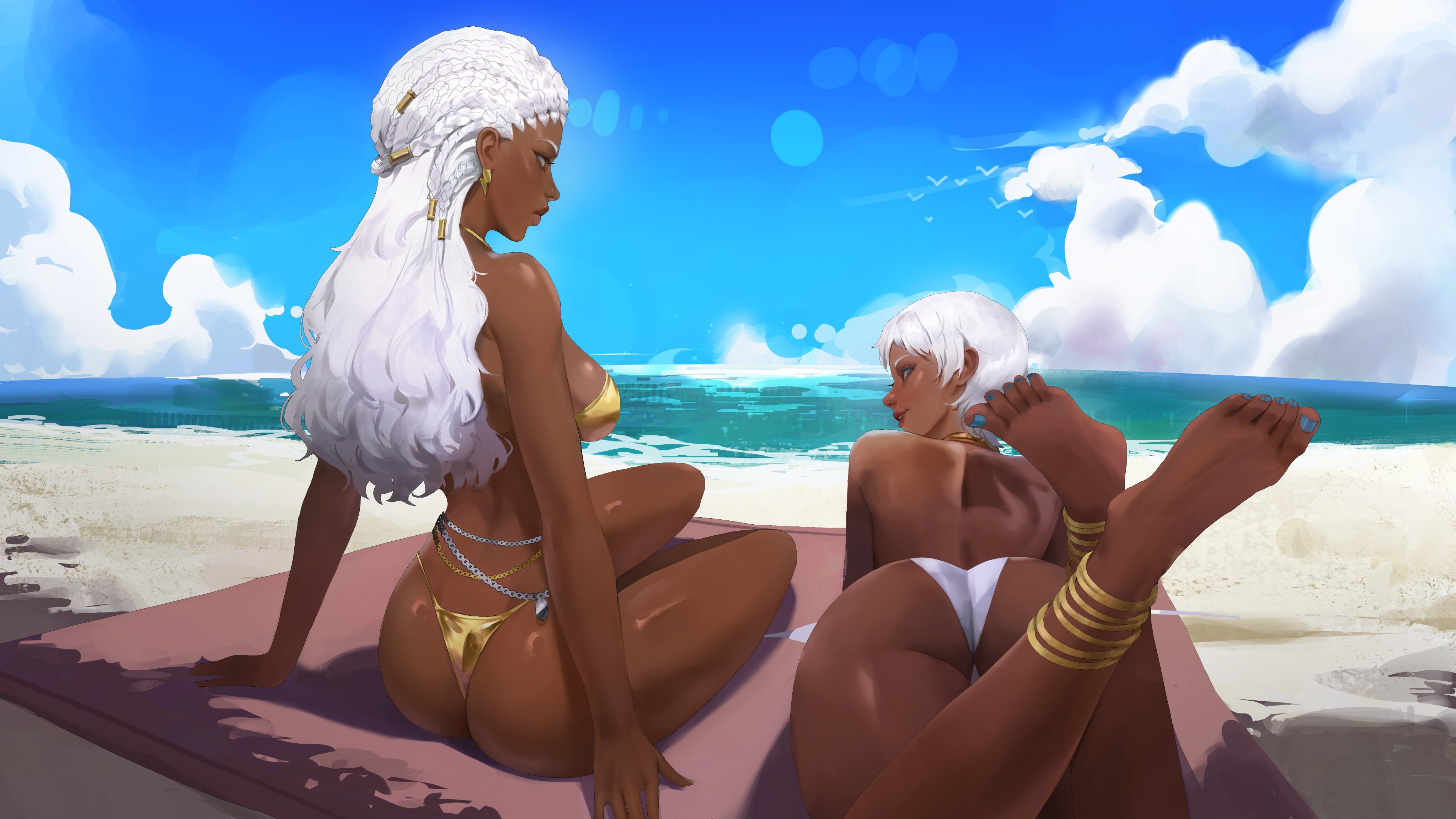2d, 2d (artwork), 2d artwork, 2girls, african female, ass, back, back view, barely clothed, big ass, big breasts, bikini, breasts, chocolate girl, cleavage, cloud, crossover, dark skin, dark-skinned female, day, ebony, ebony female, elena (street fighter), female, female focus, female only, hair ornament, jewelry, legs, legs up, leoquezadilla, long hair, long legs, lying on stomach, marvel, marvel comics, marvel rivals, mutant (marvel), ocean, outside, revealing clothes, sand, sexy body, sexy pose, short hair, sitting, storm (marvel rivals), storm (sacred skies), storm (x-men), street fighter, swimsuit, thick body, thick legs, thighs, water, white bikini, white hair, yellow bikini