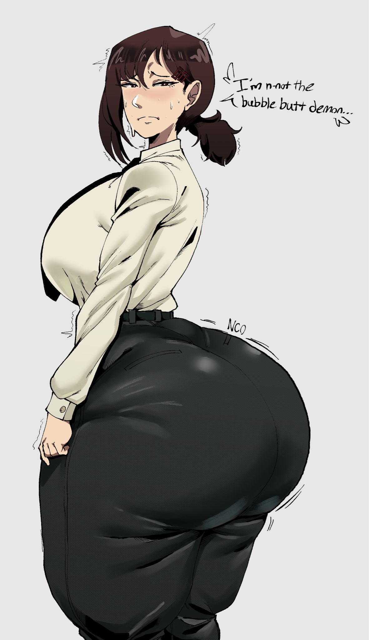 ass, ass size denial, ass size talk, bb enanlion, behemaid, big ass, chainsaw man, dumptruck ass, higashiyama kobeni, huge ass, massive ass, size talk, text, thick thighs, yeehawt0wn
