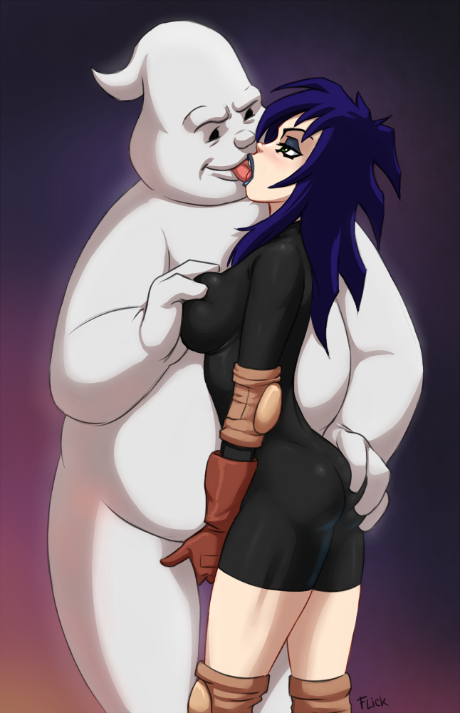 armwear, ass, ass grab, black lipstick, bodysuit, breast grab, breast grope, breasts, crotch grab, elbow pads, extreme ghostbusters, female, flick, footwear, french kiss, ghostbusters, gloves, goth, gray eyeshadow, gray lips, gray lipstick, gray makeup, hand on crotch, handwear, heavy make up, human, kissing, knee pads, kylie griffin, latex, latex suit, legwear, lipstick, manual, mascot, pale skin, purple hair, smile