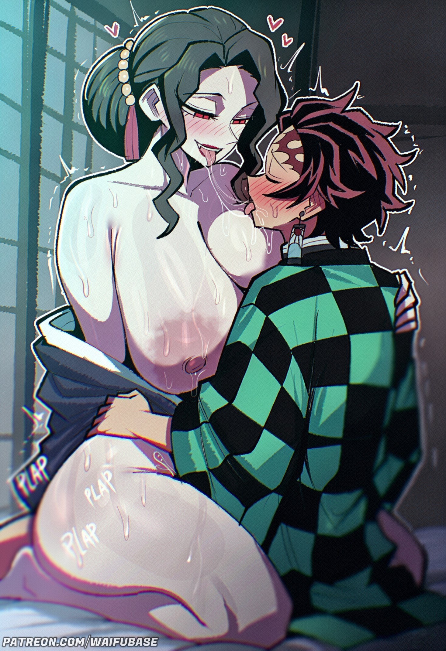 1boy, 1boy1girl, 1girls, after kiss, demon slayer, female muzan, kamado nezuko, kimetsu no yaiba, large breasts, muzan kibutsuji, sex, waifubase