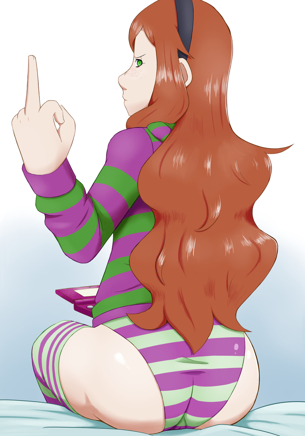 4chan back_view female gesture middle_finger panties solo stockings striped striped_panties superllama vivian_james