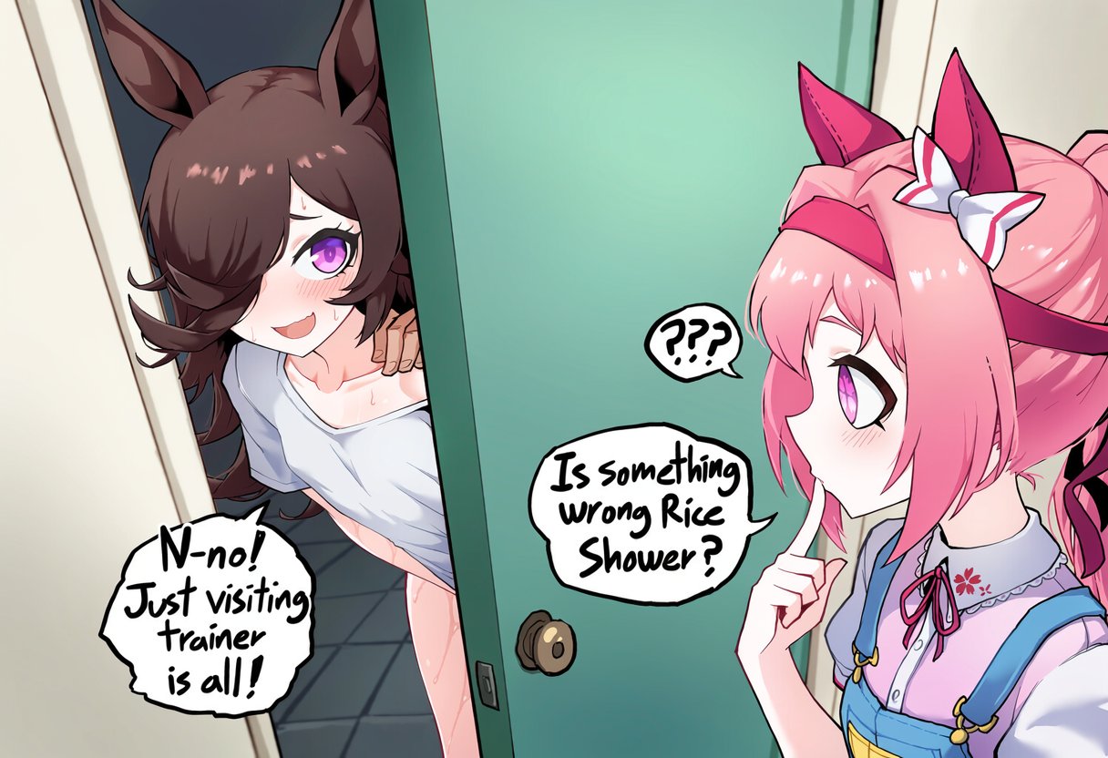 1boy, 2girls, ai generated, artist request, blush, brown hair, haru urara (umamusume), horse ears, horse girl, implied sex, light skin, light-skinned female, pink hair, purple eyes, rice shower (umamusume), umamusume