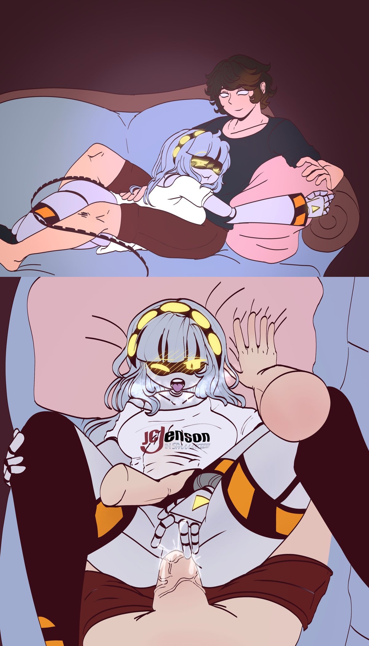 1boy, 1boy1girl, 1girls, blushing, dailenariek, glitch productions, grey hair, intercourse, j (murder drones), latamcito (latam), mouth open, murder drones, murder drones x humans, oc, penetration, penis in pussy, robot, roleplay, sex, straight, straight sex, white male, yellow eyes
