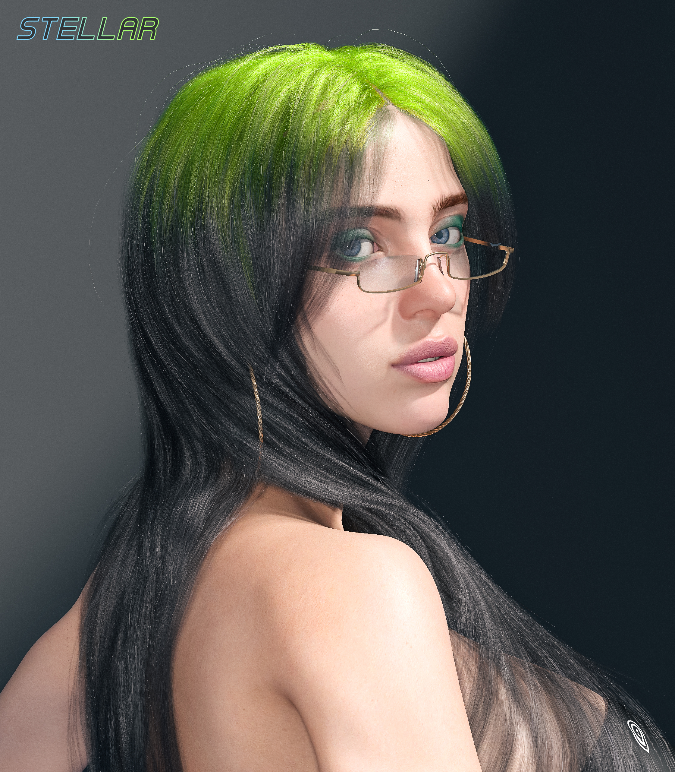 1girl, 2k, 3d, 3drender, billie eilish, billie eilish (fortnite), bimbo, blue eyes, celebrity, earrings, female, female only, glasses, green hair, high quality, high resolution, hoop earrings, hoop earrings oversized, jewelry, make up, makeup, pinup, portrait, sfw, sfw version, star, stellar, white female