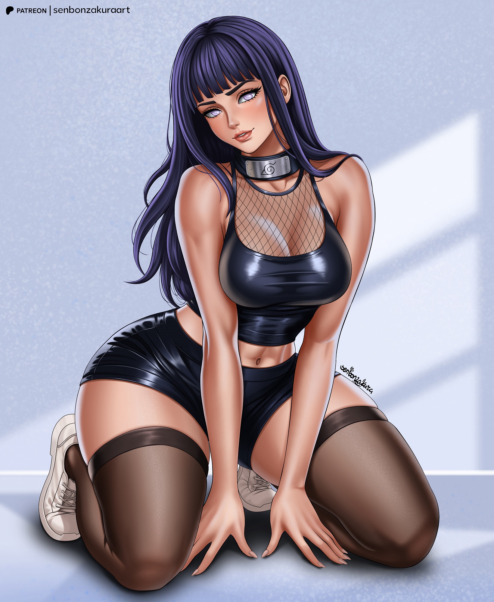 1girls, 2d, abs, boruto: naruto next generations, breasts, brunette, brunette female, brunette hair, cleavage, clothed, female, female only, fit, fit body, fit female, front view, hinata hyuuga, hyuuga hinata, kneeling, lipstick, long hair, looking at viewer, medium boobs, medium breasts, nails, naruto, naruto (classic), naruto (series), naruto shippuden, on knees, outfit, pale skin, pale skinned female, pale-skin, pale-skinned female, posing, posing for the viewer, posing for viewer, seductive, senbonzakuraart, short shorts, shorts, slim waist, solo, stockings, teasing, teasing viewer, temptation, tempting, tempting viewer, thick hips, thick legs, thick thighs, thighs, tights, topwear, violet eyes, violet hair, voluptuous, voluptuous female, waist