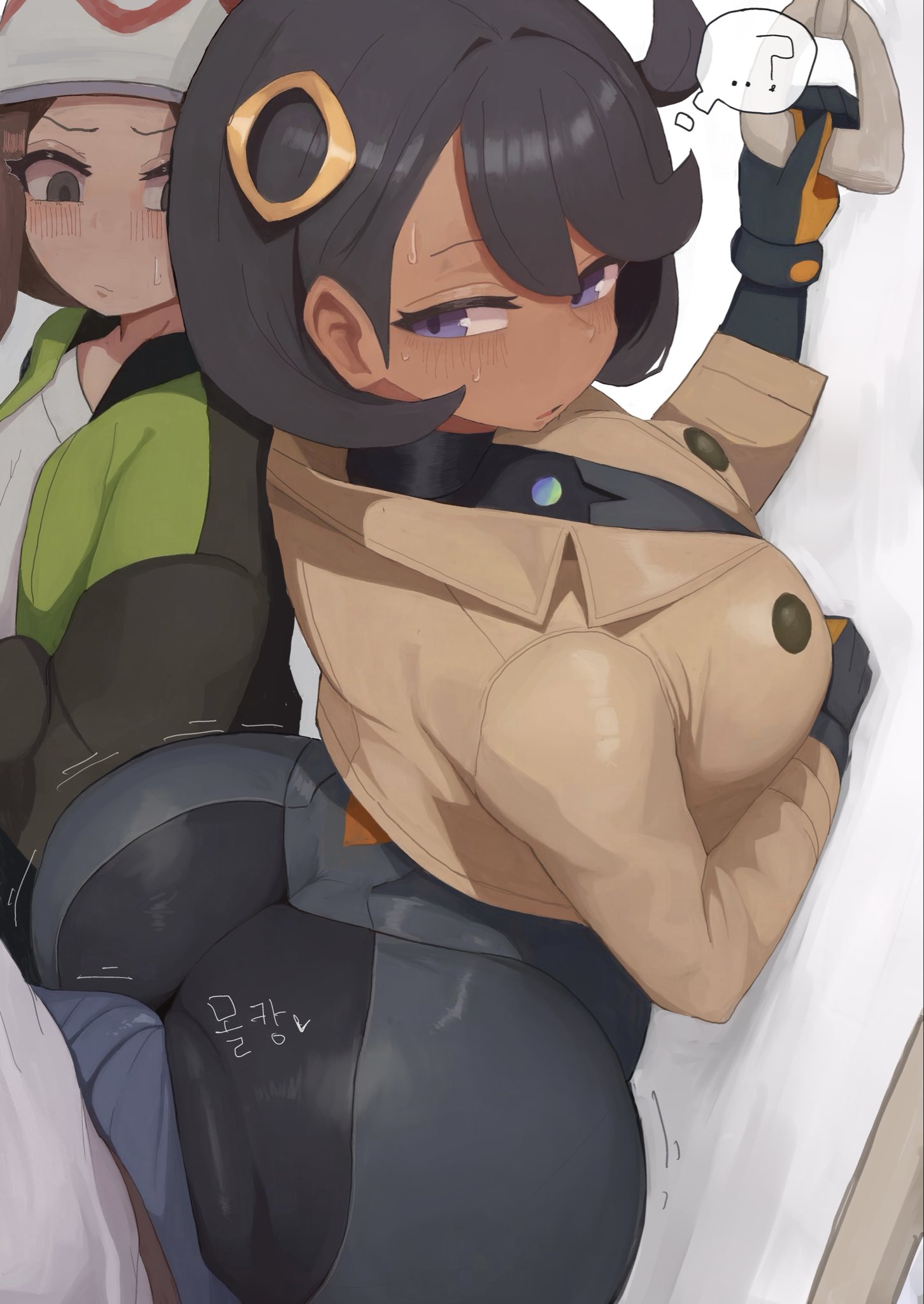 1boy, 2girls, ahoge, anon, anonymous male, ass, ass focus, blush, bottom heavy, bubble butt, bulge, bulge through clothing, bus, chikan, dark skin, dark-skinned female, emma (pokemon), female focus, from behind, hair ornament, harmony (pokemon), kim somang, matiere (pokemon legends: z-a), matiere (pokemon), molestation, penis against ass, pokemon, pokemon legends: z-a, pressing breasts, public transportation, round ass, seika (pokemon), short hair, skin tight, skinsuit, sweat, sweatdrop, sweating, thick thighs, wide hips