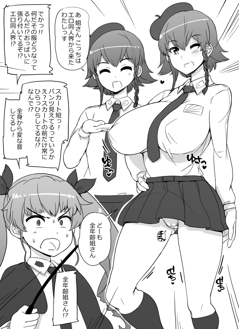 2girls abubu anchovy blush breasts closed_eyes clothing female girls_und_panzer greyscale large_breasts monochrome multiple_girls one_eye_closed open_mouth panties pepperoni_(girls_und_panzer) skirt spread_legs translation_request upskirt white_panties wink