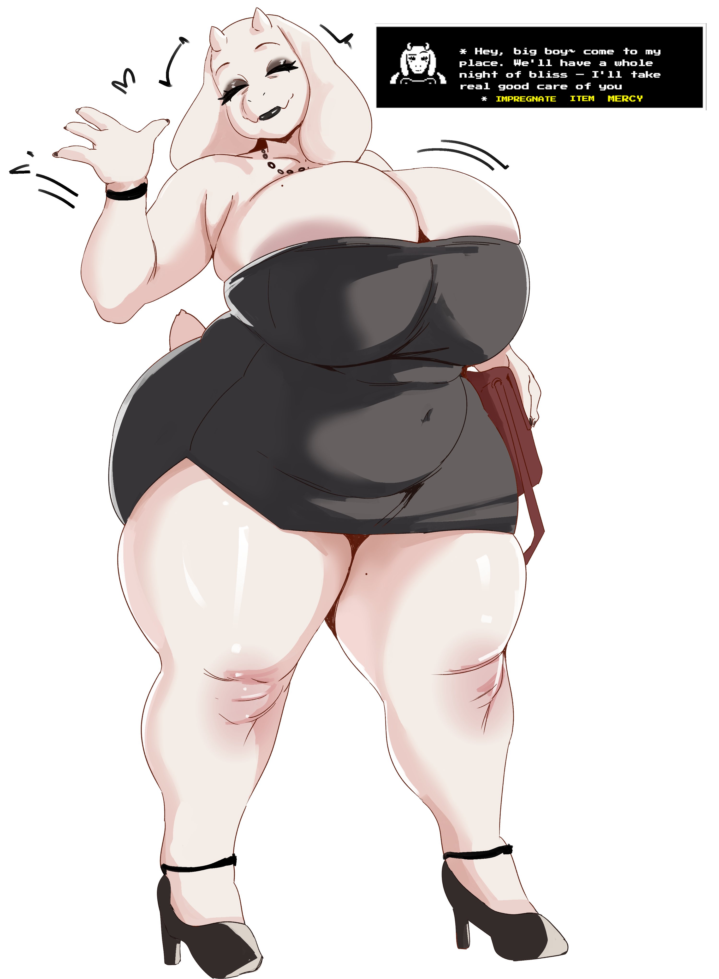 1girls, 2d, animal ears, animal tail, anthro, armwear, big breasts, black dress, black eyeshadow, black lips, black lipstick, breasts, cleavage, closed eyes, clothing, deooxido, dress, english, english text, eyeshadow, female, female only, footwear, full body, heels, high heels, hips, horns, huge breasts, large breasts, lips, lipstick, mature female, mature woman, milf, mother, necklace, pearl necklace, purse, smile, solo, solo female, text, text box, toriel, tubetop, undertale, waving, white body, white skin, wide hips