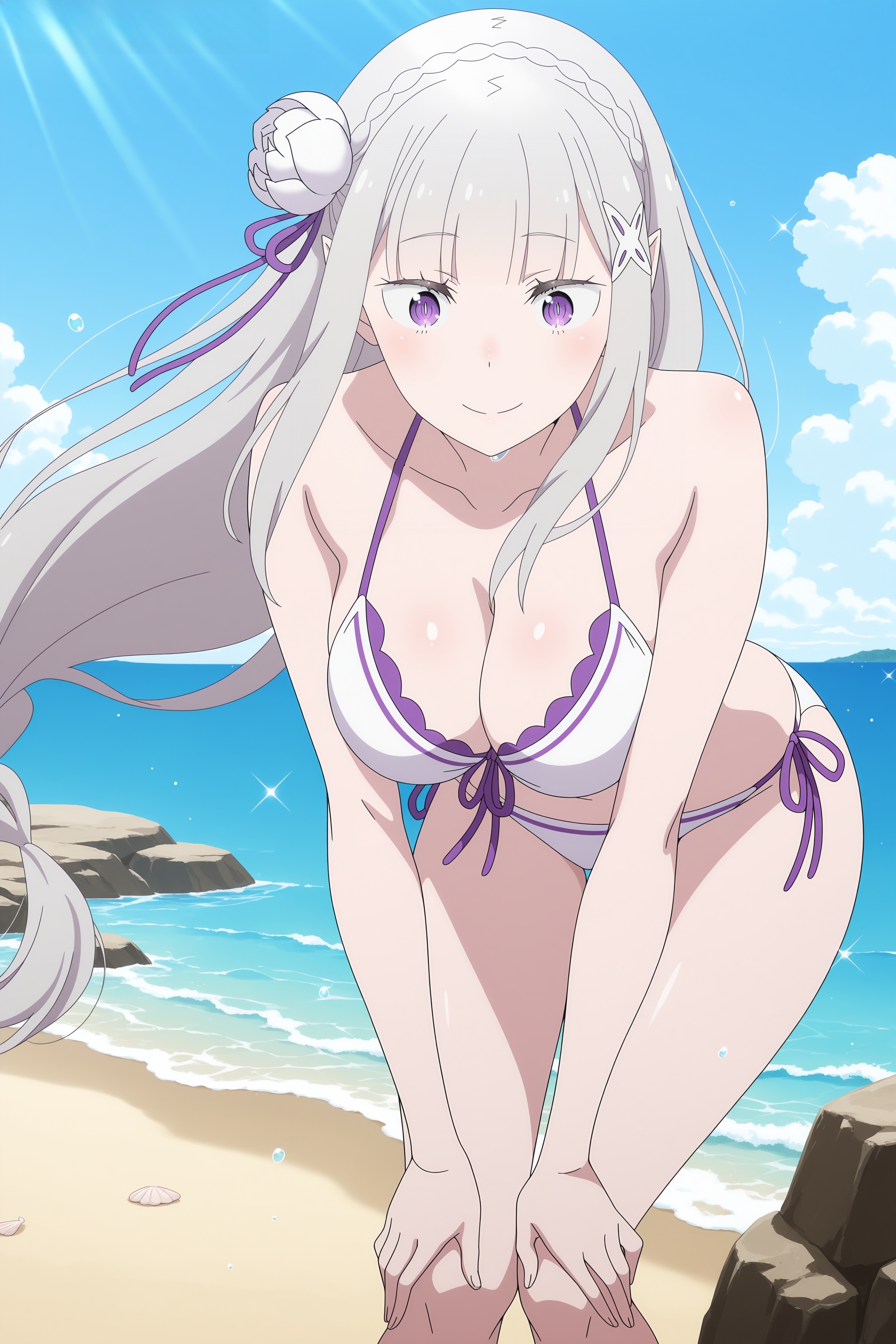 1girls, ai generated, bare shoulders, beach, bikini, blue sky, blunt bangs, blush, braid, breasts, cleavage, closed mouth, cloud, collarbone, crown braid, day, digitalwaifugallery, emilia (re:zero), flower, front-tie bikini top, front-tie top, grey hair, hair flower, hair ornament, hair ribbon, halterneck, hands on own knees, hi res, high quality, high resolution, large breasts, leaning forward, long hair, looking at viewer, ocean, outdoors, patreon, pointy ears, purple eyes, purple ribbon, re:zero kara hajimeru isekai seikatsu, ribbon, seductive, sexy, side-tie bikini bottom, sky, smile, solo, standing, swimsuit, uncensored, very long hair, water, white bikini, white flower, white hair, x hair ornament