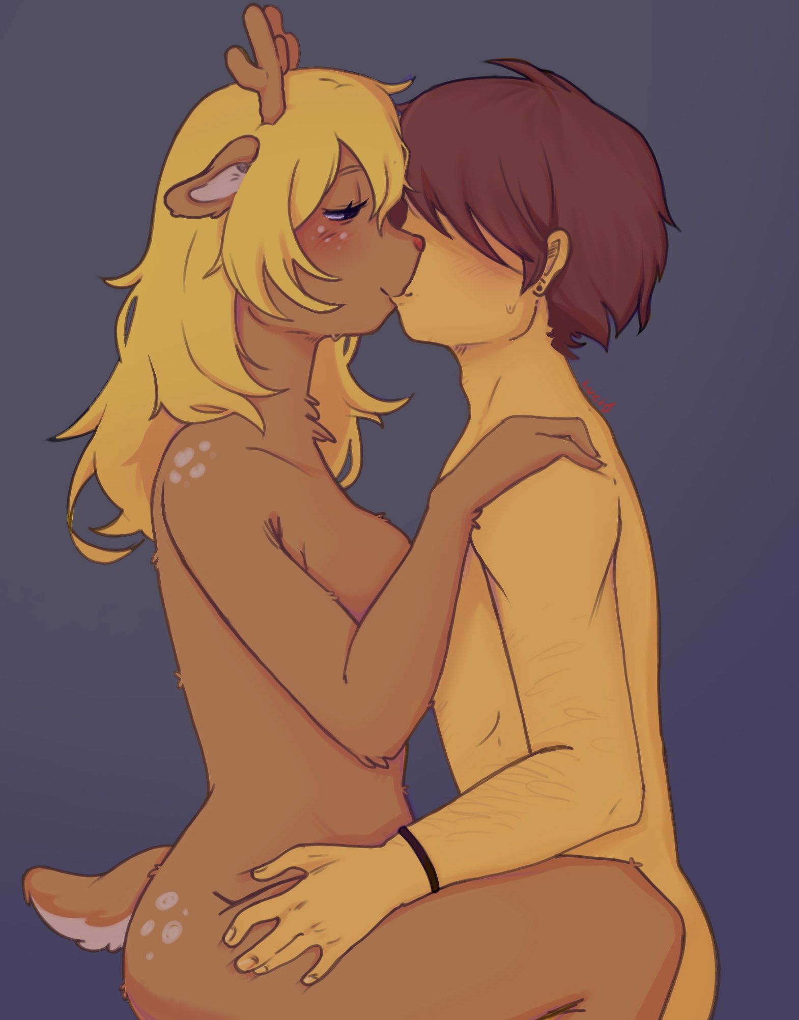 1girls, 1nonbinary, 1other, 2d, antlers, big breasts, black hair, blonde female, blonde hair, blush, breasts, deer, deer girl, deltarune, fur, hand on shoulder, hands on hips, kiss, kissing, kris (deltarune), luci star, no visible genitalia, noelle holiday, nude, nude female, tail