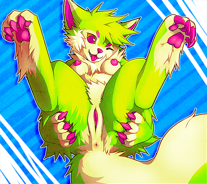 anthro anus breasts canine claws falvie falvie_(character) fangs female fur furry furry_only green_fur lying mammal nipples nude on_back one_eye_closed pink_eyes pink_nose presenting presenting_anus presenting_pussy pussy soles solo tail tongue tongue_out wink