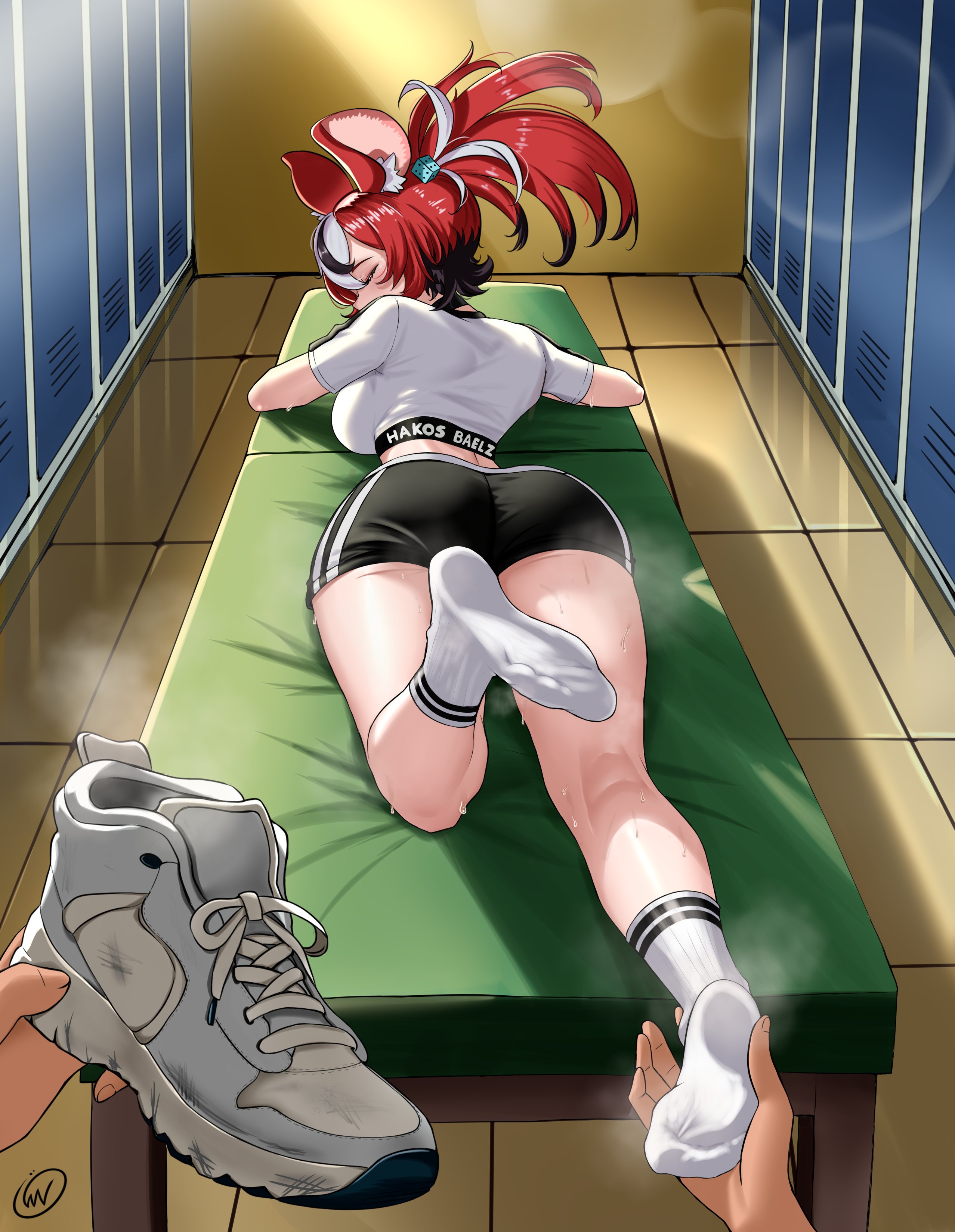 1boy, 1girls, after exercise, after workout, animal ears, ass, backboob, big ass, big breasts, black hair, blush, blushing, breasts, busty female, clothed, clothed female, crop top, dirty shoes, eyes closed, feet, feet focus, feet up, female, female focus, foot fetish, foot focus, foot up, form fitting, form fitting clothing, grabbing foot, hair accessory, hair tied, hakos baelz, holding foot, holding shoe, holding shoes, hololive, hololive english, hololive english -council-, hololive english -promise-, image set, indoors, inner ear fluff, interior, kemonomimi, light skin, light-skinned female, light-skinned male, locker room, lockers, lying on bench, lying on stomach, male, male pov, midriff, mouse ears, mouse girl, multicolored hair, pig tails, pov, pov male, rat ears, rat girl, red hair, resting, shoes removed, short sleeves, shorts, smell, socks, steaming body, steamy body, steamy feet, steamy shoes, sweat, sweaty arms, sweaty body, sweaty face, sweaty feet, sweaty legs, thick thighs, thighs, tile floor, toes, virtual youtuber, voluptuous, voluptuous female, waifuviolenta, white hair, wide hips