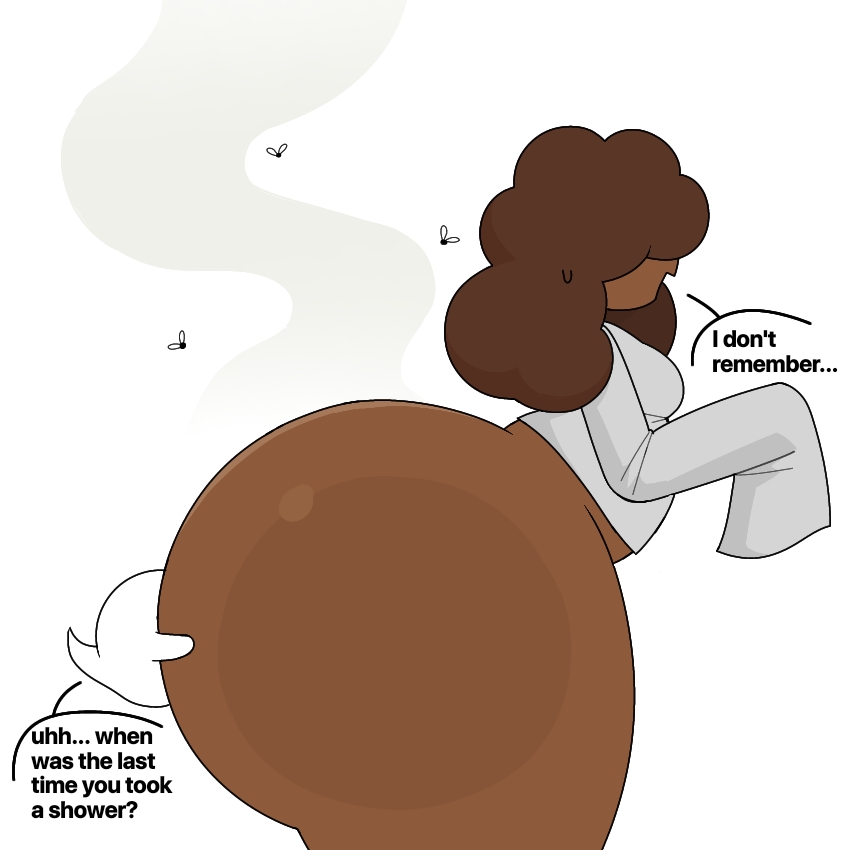 1boy, 1boy1girl, 1female, 1girls, 2d, ass, ass focus, ass grab, ass in face, big ass, big butt, dark-skinned female, face in ass, female, filth acknowledgement, flies for smell, ghost, ghost girl, hair covering eyes, height difference, huge ass, mrpotato123 , oc, original, original character, samantha the ghost (mrpotato123 ), simple background, size play, smelly, smelly ass, smelly butt, stench, stench lines, stinky, tagme, text
