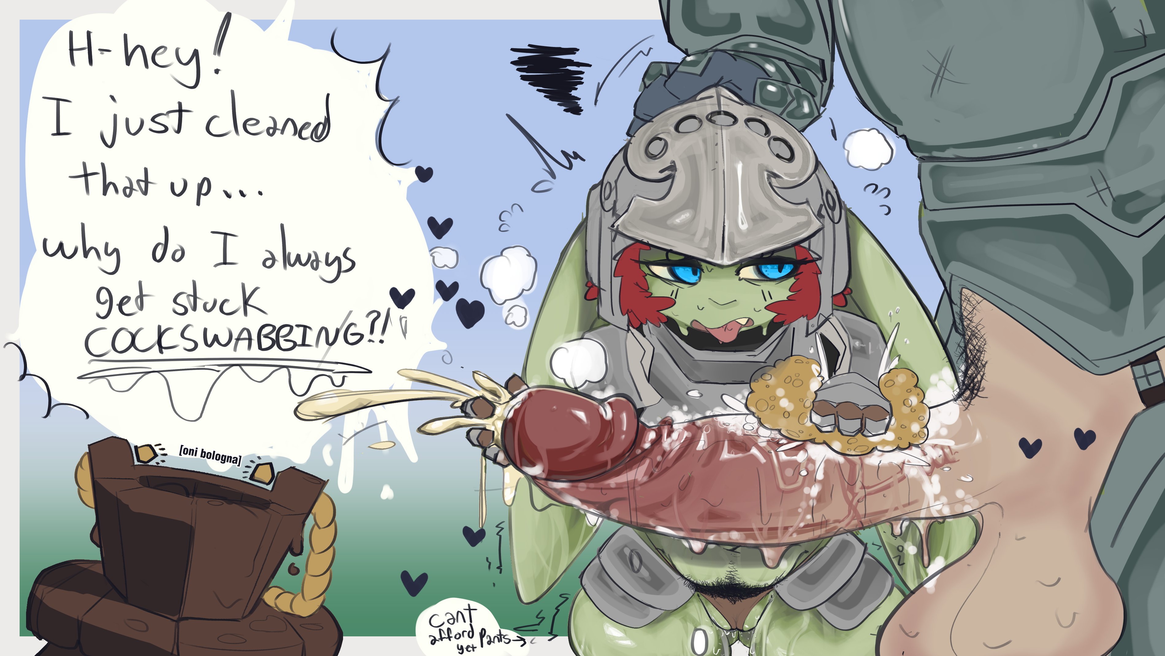 armor, big breasts, big ears, bottomless, cock worship, cumshot, goblin, goblin female, green skin, hairy, happy trail, onibologna, pubic hair, red hair, shortstack