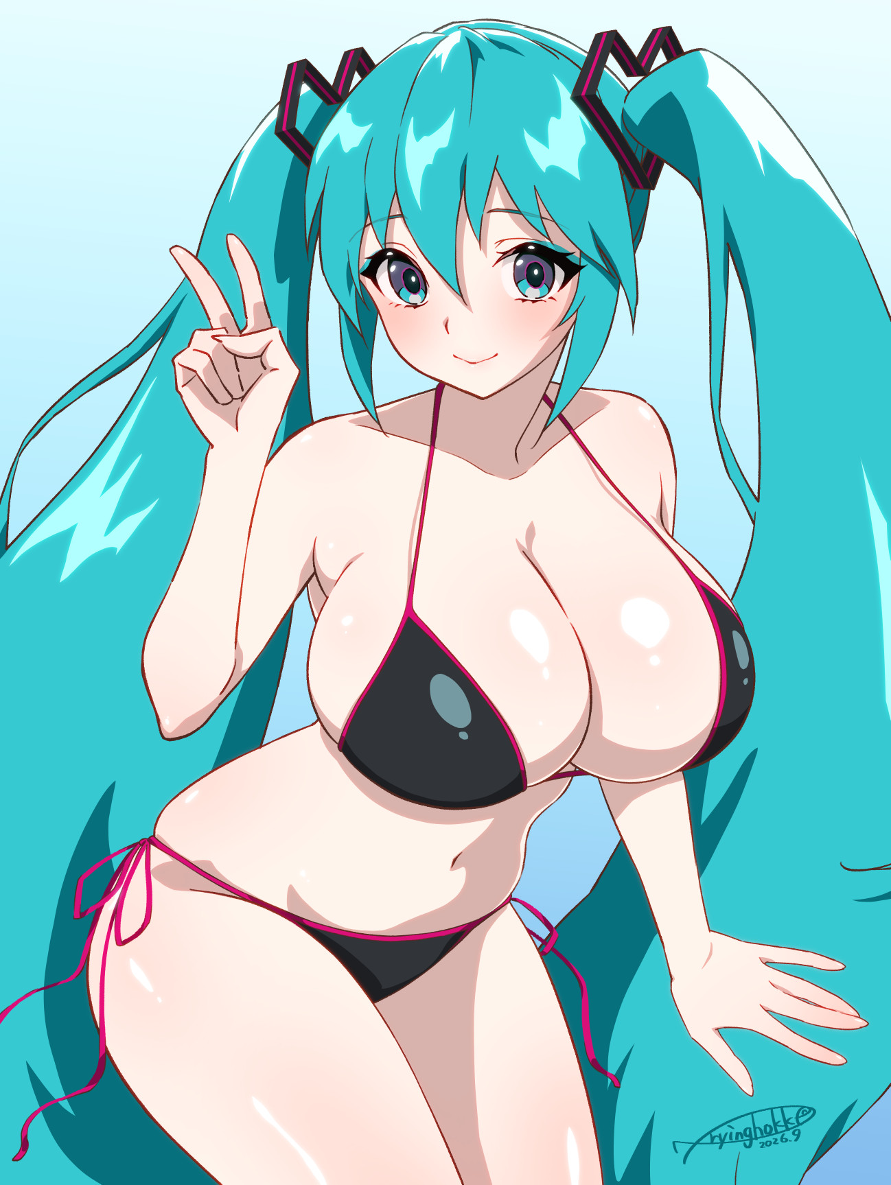 arm at side, black bikini, blush, cleavage, closed mouth, curvy, hatsune miku, hokke (fryinghokke), huge breasts, navel, smile, thick thighs, v, vocaloid, voluptuous, wide hips