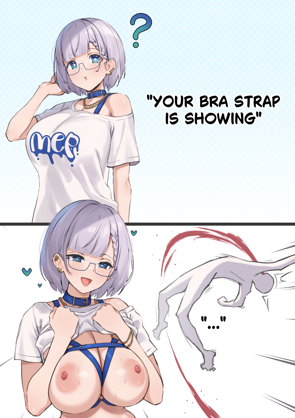 ?, 1girls, belt collar, blood, blue collar, blue eyes, bra strap is showing (meme), bracelet, braid, breasts, bright pupils, cleavage, clothes lift, collar, comic, dollar sign, earrings, english text, excessive nosebleed, female, glasses, grey hair, heart, heart-shaped pupils, highres, hololive, hololive indonesia, jewelry, kangbus, lifting own clothes, meme, nipples, nosebleed, off shoulder, pavolia reine, shirt, shirt lift, short hair, symbol-shaped pupils, virtual youtuber, white pupils, white shirt