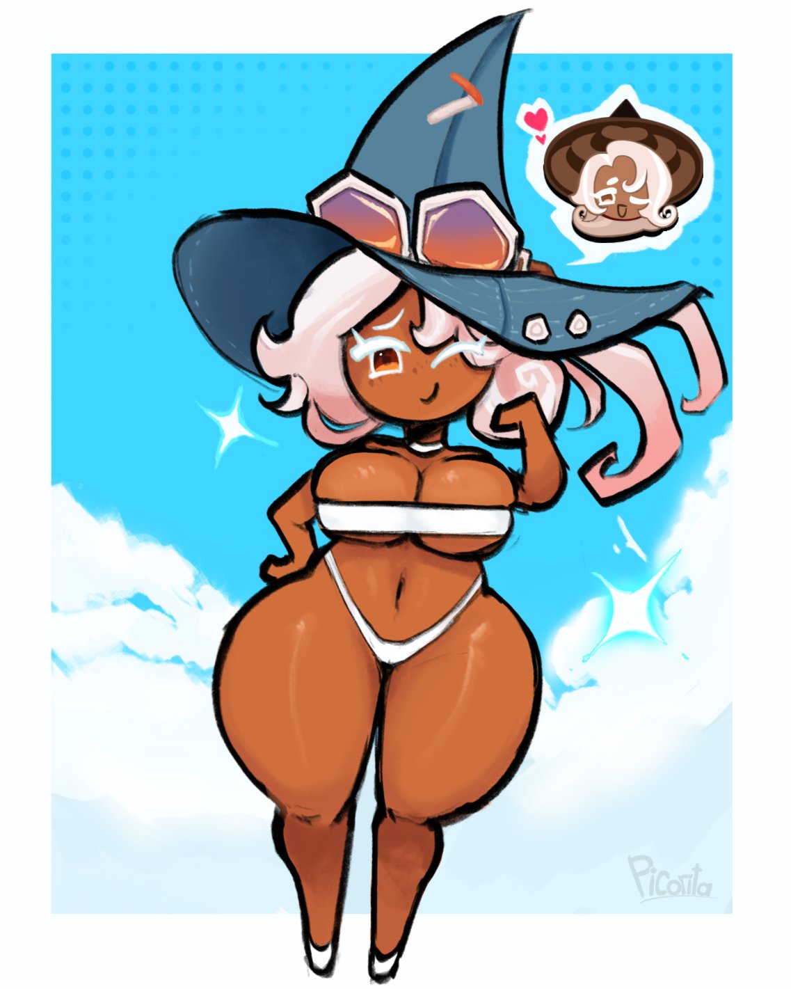 1girls, artist name, artist signature, belly, bra, breasts, child bearing hips, cleavage, cookie run, cookie run ovensmash, dark-skinned female, female only, hand on hip, hat, latte cookie (cookie run), official alternate costume, one eye closed, panties, partially clothed, partially clothed female, picorita weird, revealing clothes, shoes, thick thighs, witch hat
