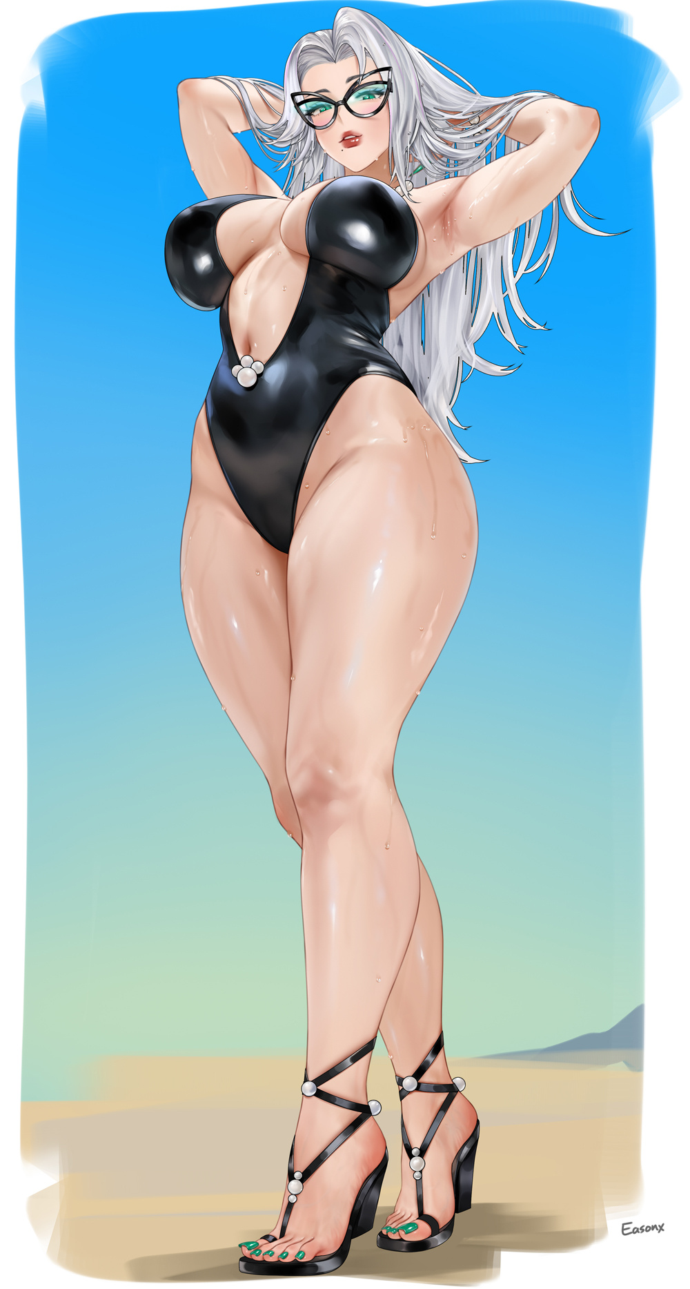 1girls, 2026, 2d, armpits, arms up, artist name, big breasts, black cat (coastal cat), black cat (marvel rivals), black cat (marvel), black cat (urban predator), black one-piece swimsuit, black sandals, black-framed eyewear, breasts, breasts apart, cleavage, commentary, easonx, english commentary, eyeshadow, felicia hardy, female, female only, full body, fully clothed, high heel sandals, high heels, highres, knees, large breasts, legs, long hair, looking at viewer, makeup, marvel, marvel rivals, nail polish, navel, one-piece swimsuit, painted nails, painted toenails, sandals, shiny clothes, solo, spider-man (series), standing, stomach, sunglasses, swimsuit, thick thighs, thighs, tinted eyewear, toenails, toes, watermark