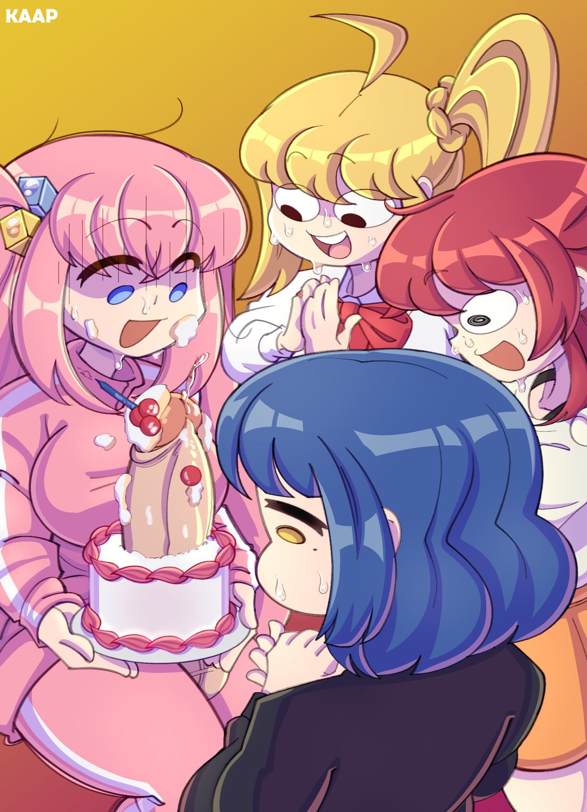 1futa, 2023, 2d, 3girls, accidental exposure, ahoge, balls, big penis, birthday, birthday cake, blonde hair, blue eyes, blue hair, bocchi the cock, bocchi the rock!, cake, cake on penis, candle, clothed, clothing, color, embarrassed, erection, eyebrows visible through hair, female, food, food fetish, food penetration, food play, futa focus, futanari, gotou hitori, holding cake, holding food, holding object, ijichi nijika, kaapcom (artist), kita ikuyo, large penis, open mouth, open smile, penis, penis in food, pink hair, precum, red hair, shocked, sitting, smile, surprised, sweat, sweating, sweaty, sweaty face, unwanted erection, wide eyed, yamada ryou