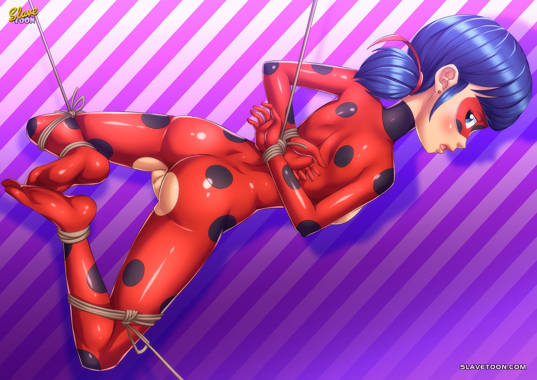 1girls, ass, big ass, big breasts, bodysuit, bondage, breasts, captured, defeated, defeated heroine, female, female only, helpless, heroine, ladybug (character), marinette cheng, marinette dupain-cheng, miraculous ladybug, pussy, slavetoon, solo, straight hair, superheroine, tied up, torn clothes