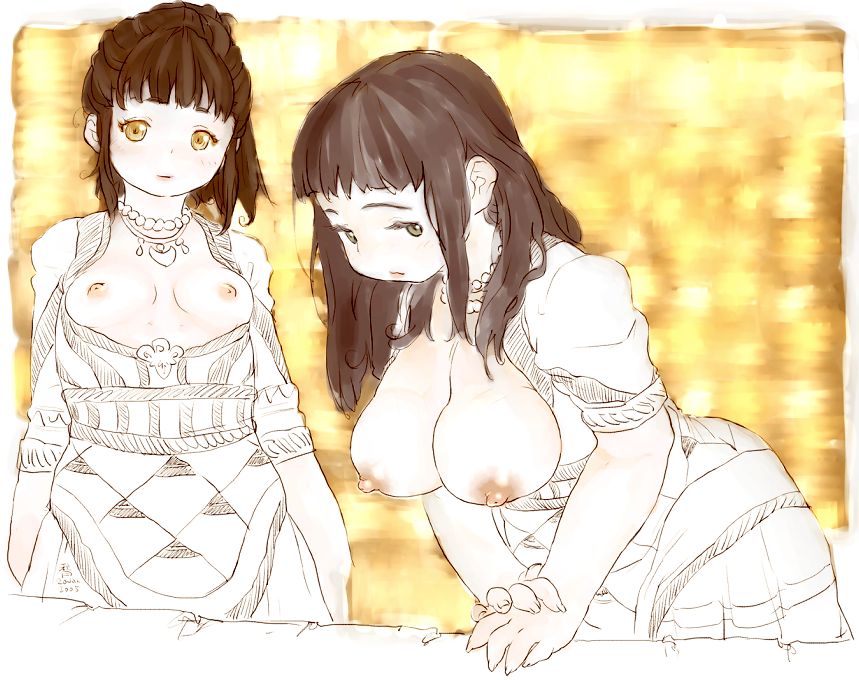 2girls ancient_crete ancient_greece breasts brown_eyes brown_hair dress female female_only human human_only large_breasts minoan multiple_girls necklace nipples original shizuoka_(bl09) small_breasts tagme traditional_clothes