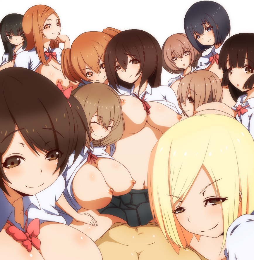 6+girls blonde_hair breasts breasts_out brown_eyes brown_hair commentary_request cowgirl_position group_sex harem large_breasts looking_at_viewer morokoshitaroh multiple_girls naughty_face open_clothes open_shirt original pov sex shirt shirt_lift short_hair simple_background skirt smile straddling white_background